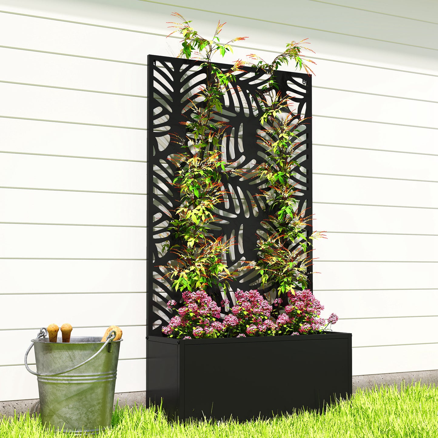 Metal Garden Bed for Garden with Trellis, Wall Mounted or Freestanding Raised Planter with Privacy Screen