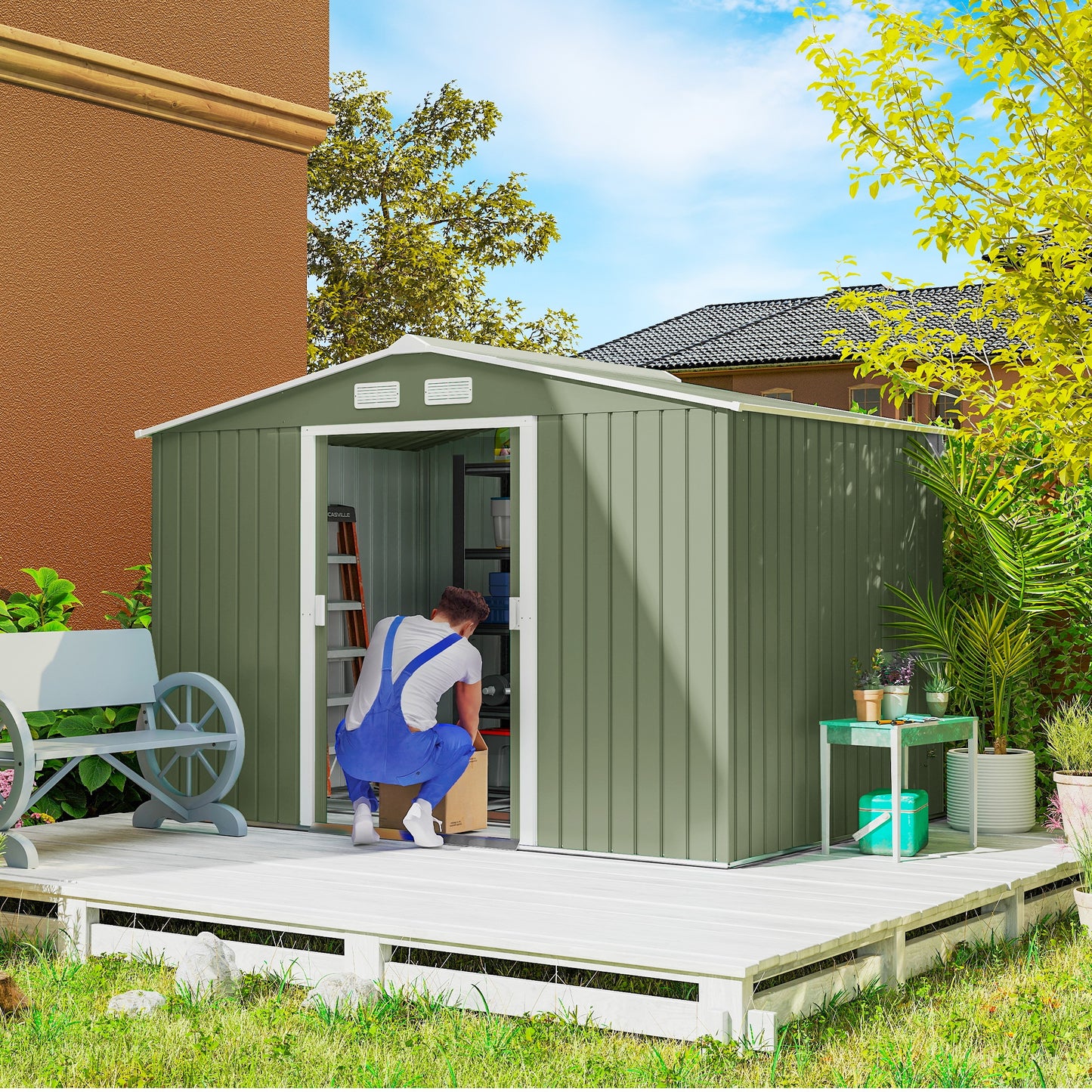 9 x 6ft Metal Garden Shed, Waterproof Outdoor Bike Storage Shed Galvanised with Vents, Foundation Kit