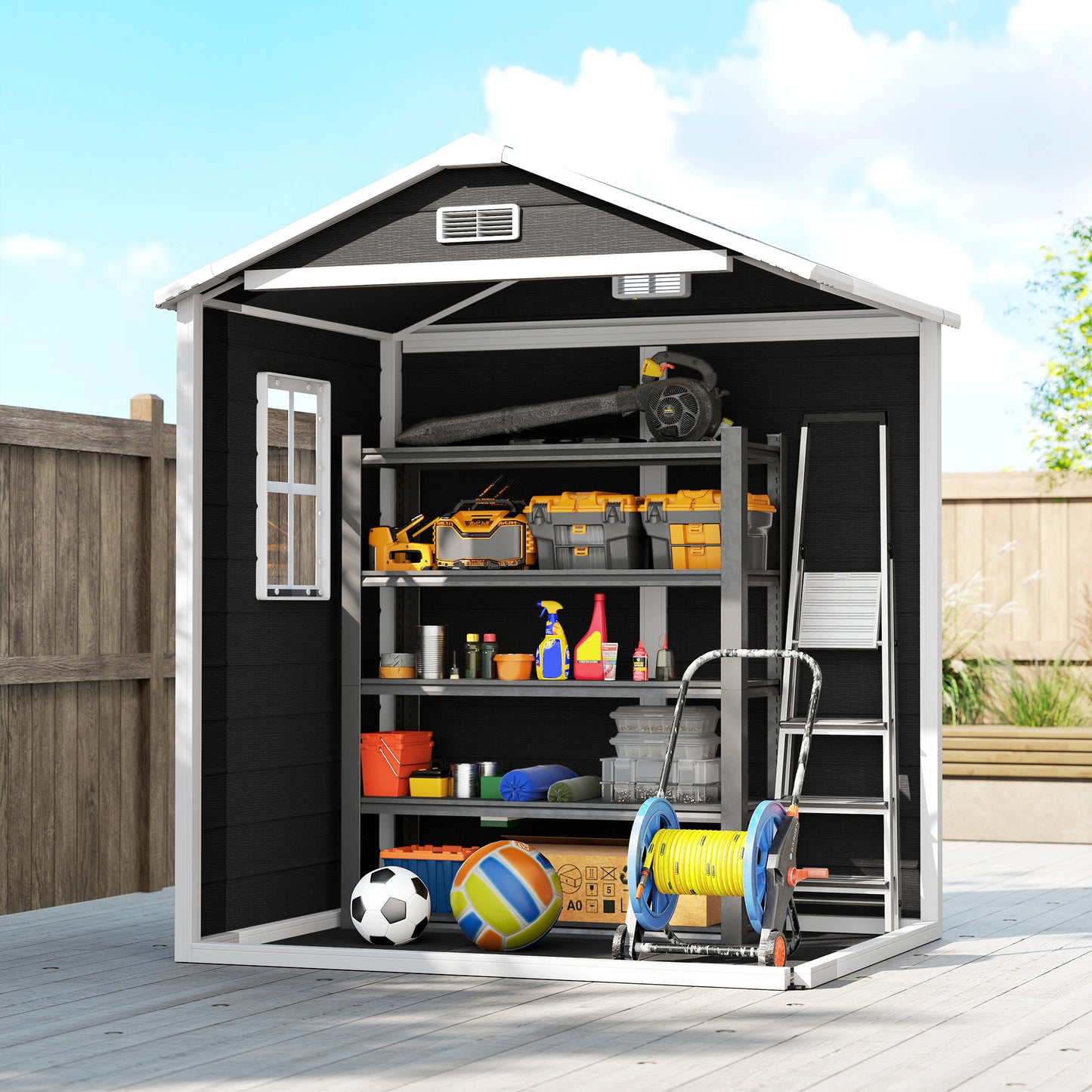 6'x4.5' Garden Storage Shed, Lockable Garden Shed with Double Doors, Window, Vent and Plastic Roof, Black