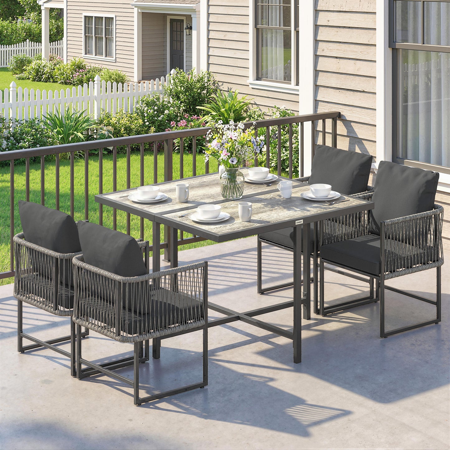4-Seater Garden Dining Set, Rattan Outdoor Furniture with Space-Saving Chairs and Thick Cushions for Patio Balcony, Black