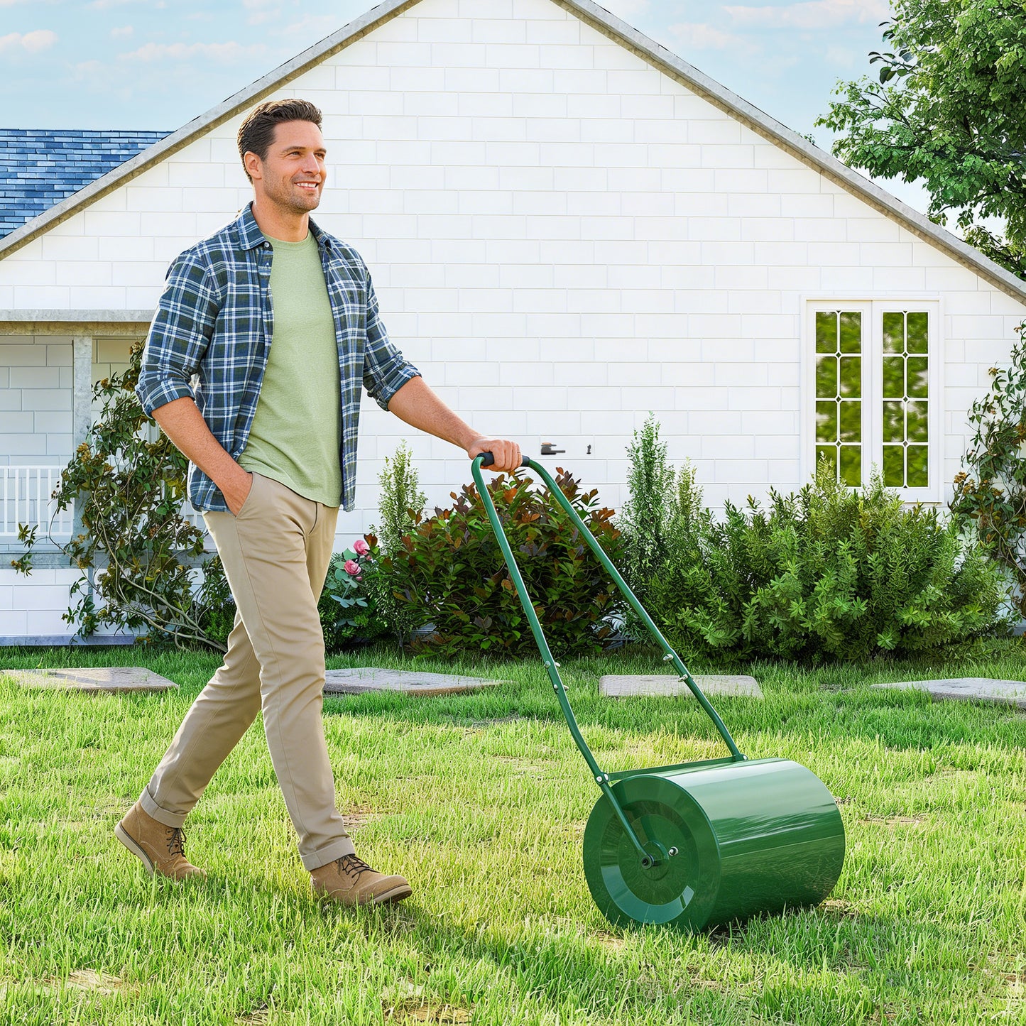 63 L Garden Lawn Roller with Water/Sand Filled Drum, Heavy Duty Steel Lawn Push Rolling Tool for Grass Seeding