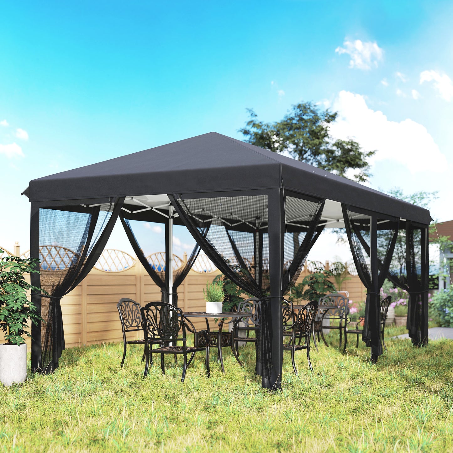 3 x 6m Pop Up Gazebo, Outdoor Canopy Shelter, Marquee Party Wedding Tent with 6 Mesh Walls and Carry Bag, Black