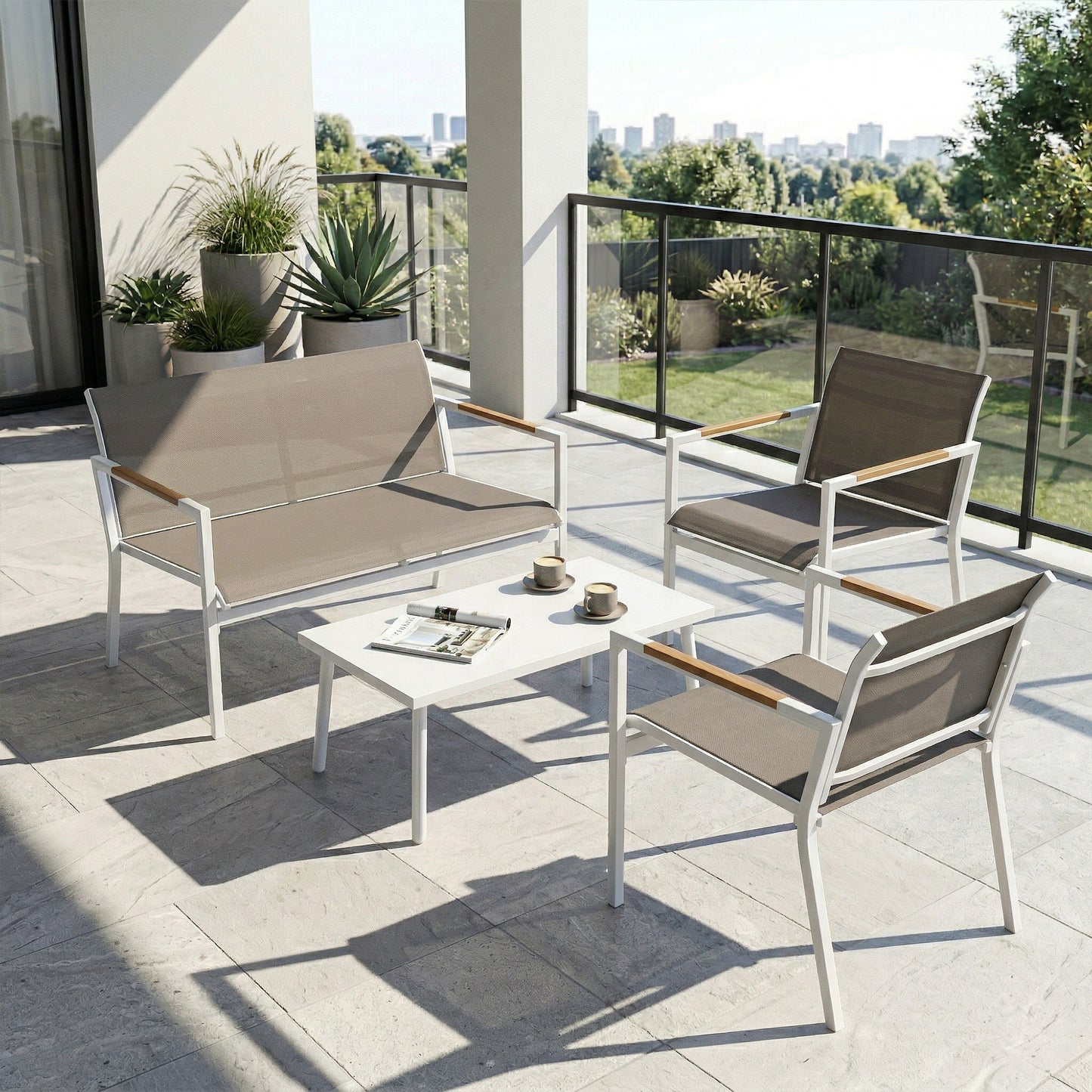 4 Seater Garden Furniture Set with Loveseat, Armchairs, Table, Metal Garden Sofa Set with Breathable Seats, Khaki