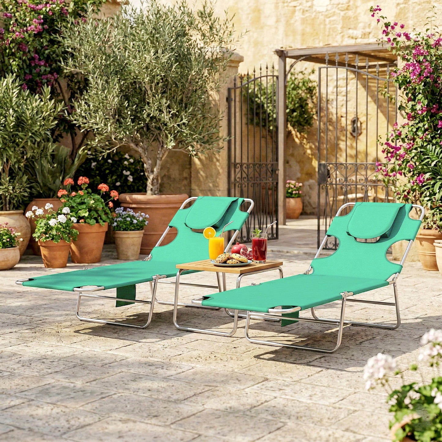 5-Position Adjustable Sun Loungers Set of 2 with Reading Hole and Side Pocket, Green