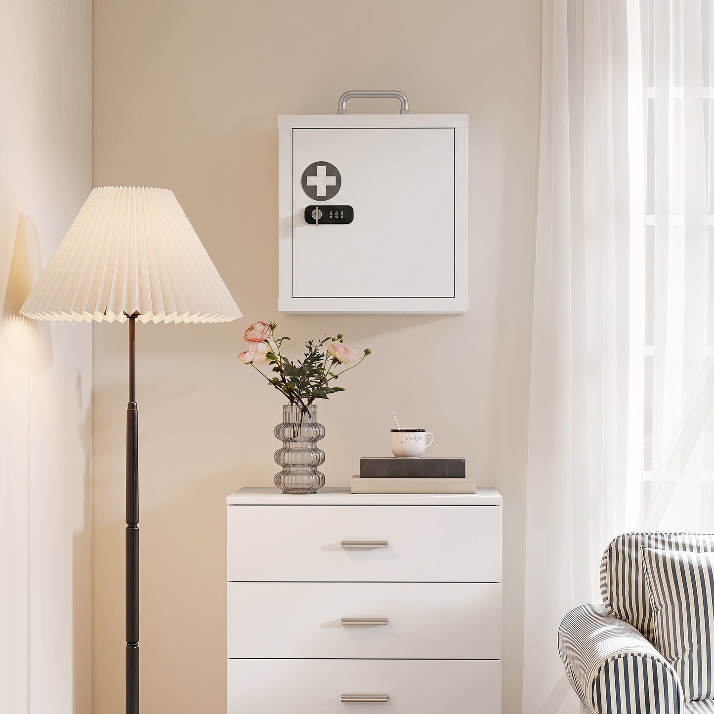 Wall Mount Medicine Cabinet with Combination and Key Lock, 2 Tier Stainless Steel First Aid Cabinet, White