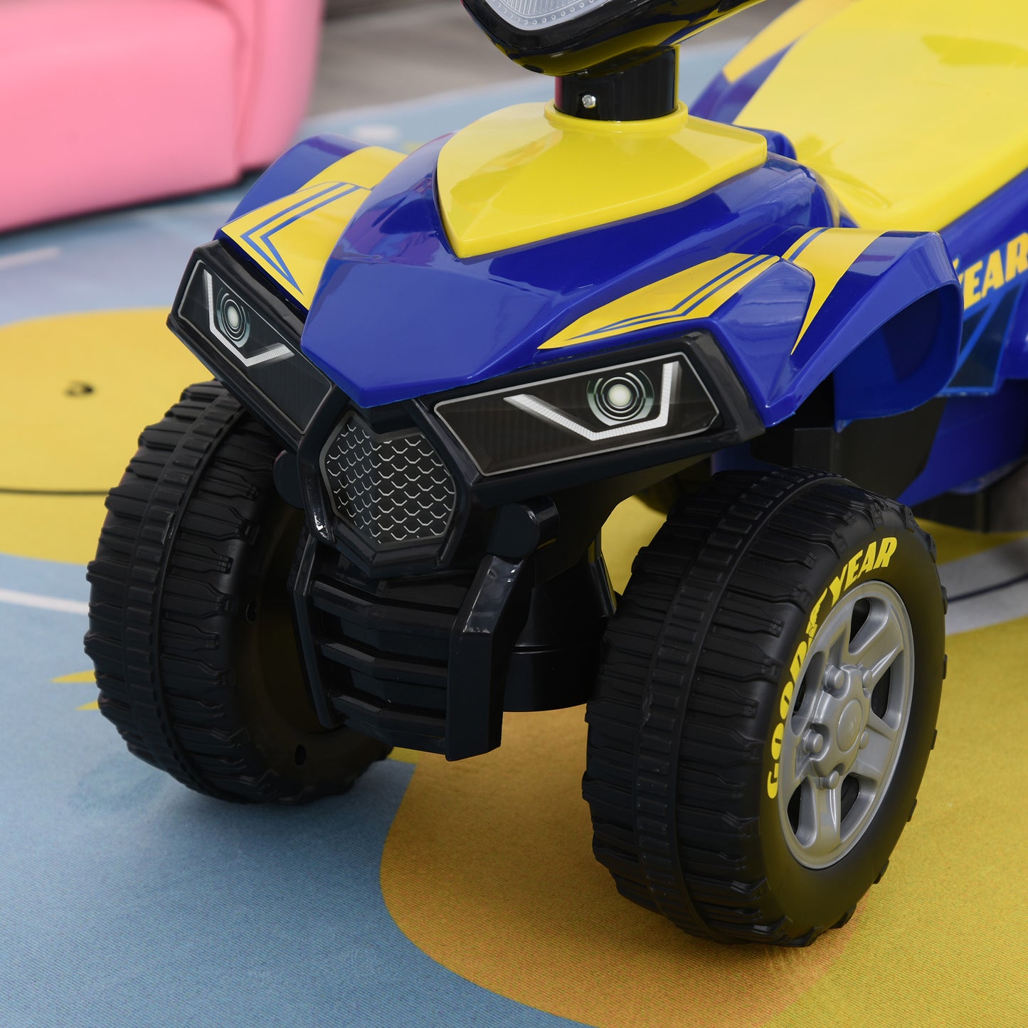 Baby Quad Bike Kids Ride On Car Goodyear Licensed Walker Foot To Floor Slider NO POWER w/ Lights Horn Storage Blue for 18-36