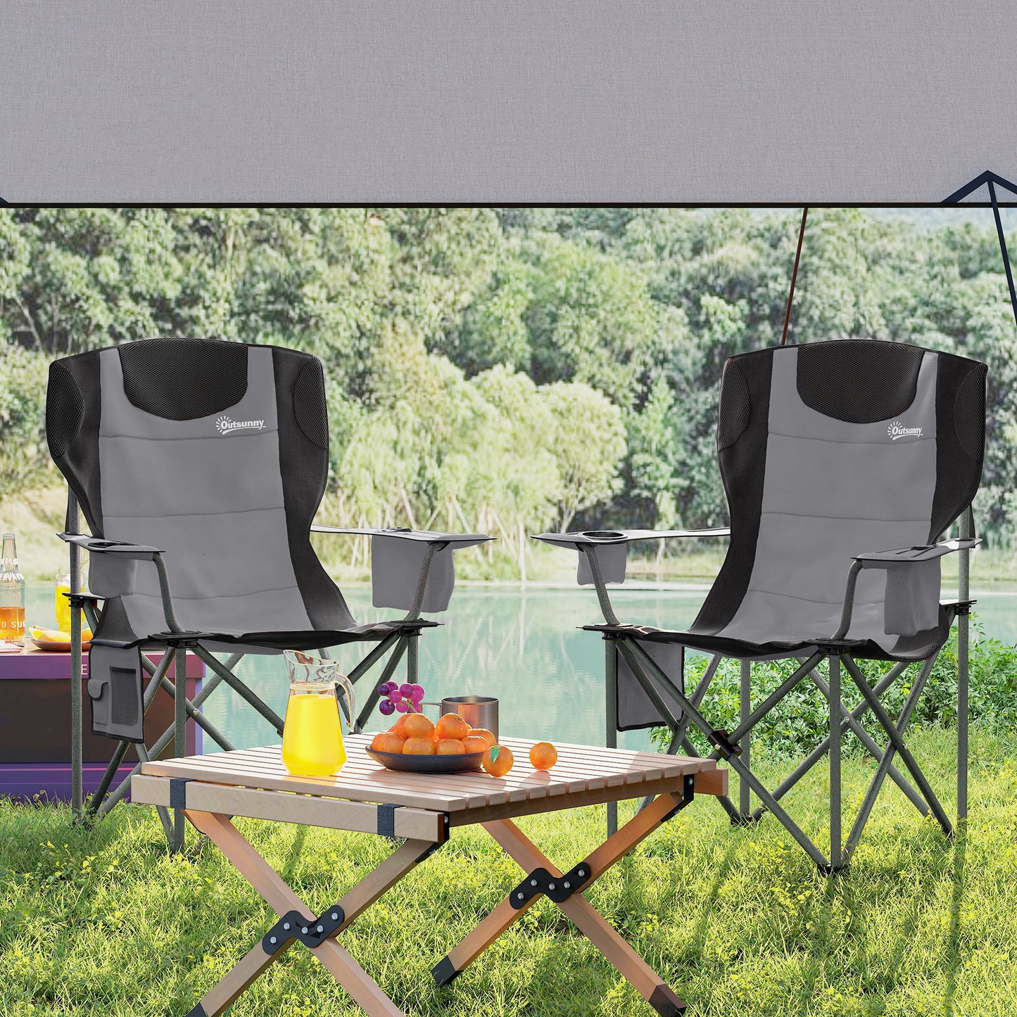 Set of 2 Folding Camping Chairs, Padded Camping Chairs with Adjustable Armrests