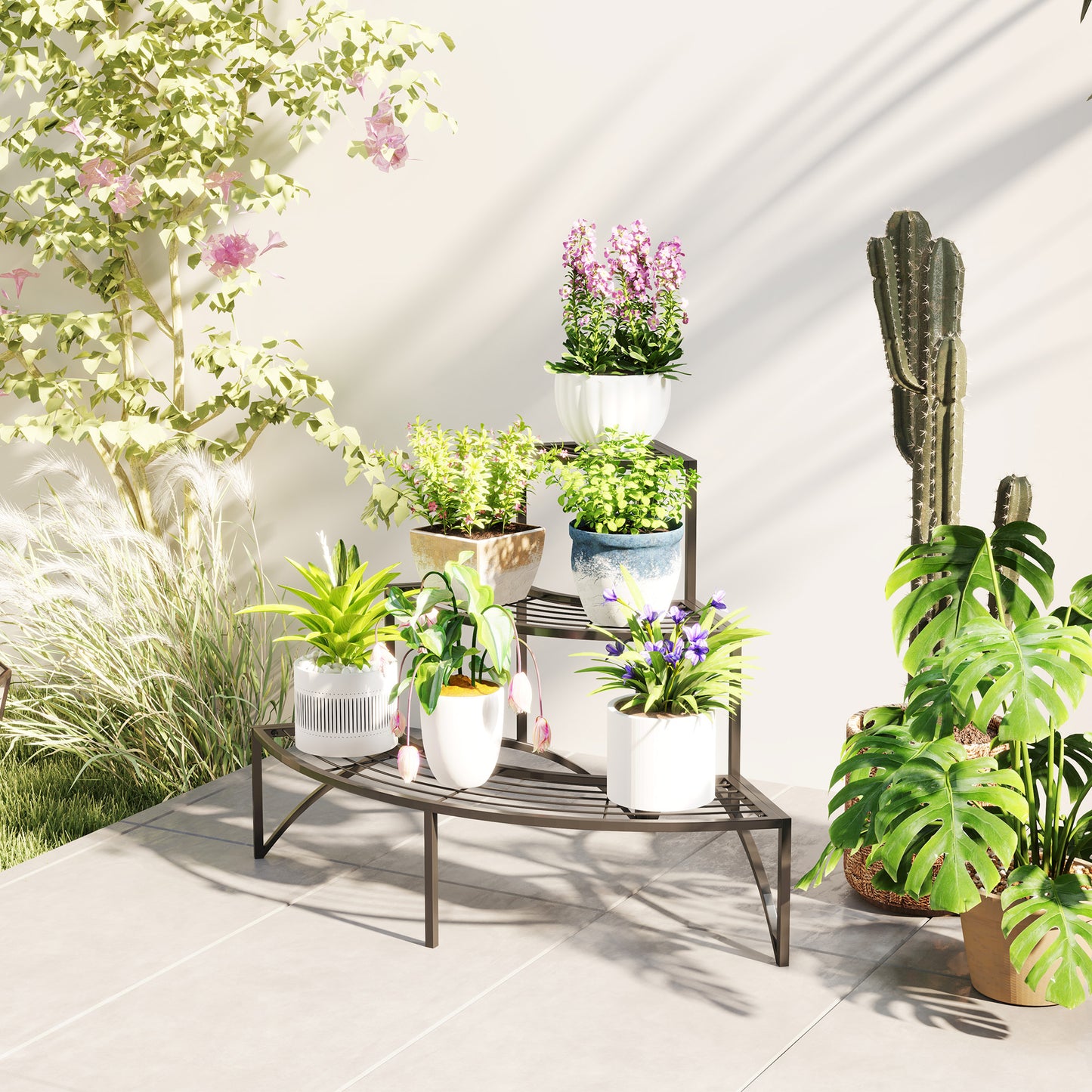 Three-Tier Corner Metal Plants Shelves - Black
