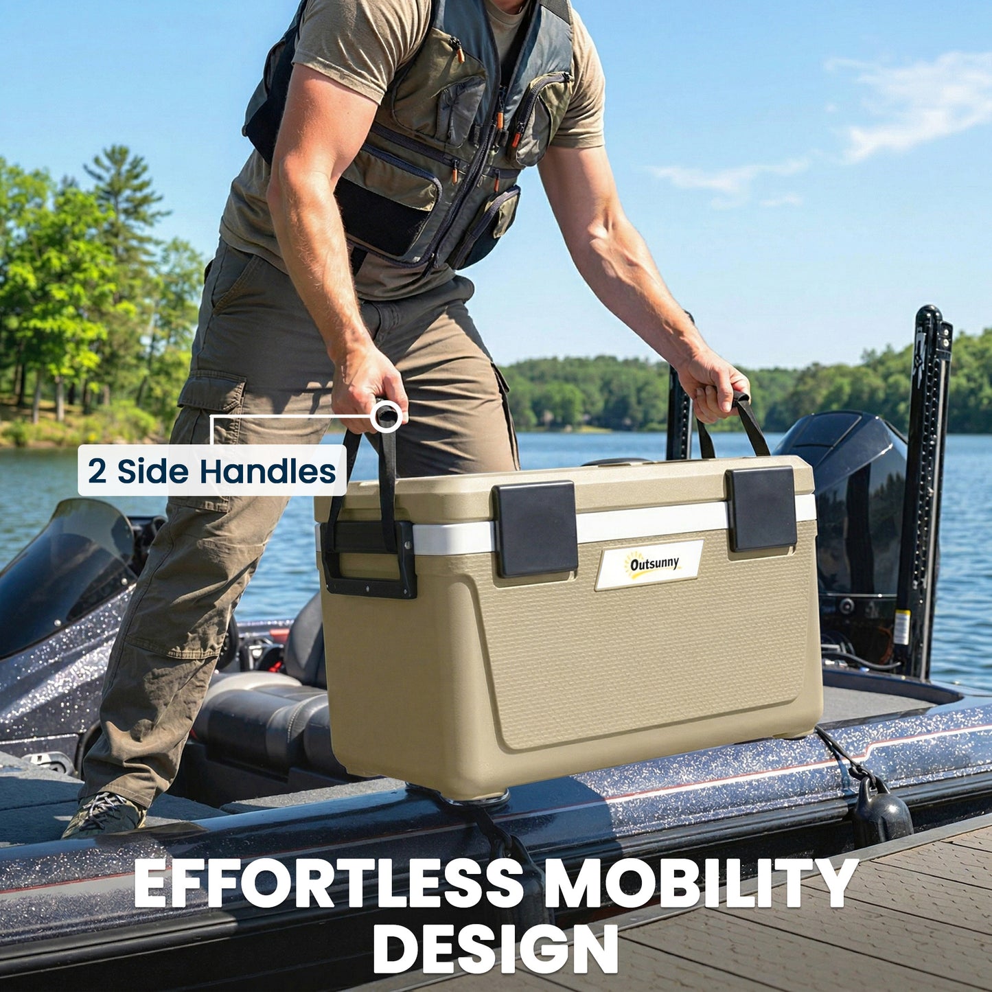 42.6L Insulated Cool Box, Lightweight Portable Ice Cooler with Handle, Lid and Drain Valve, Khaki
