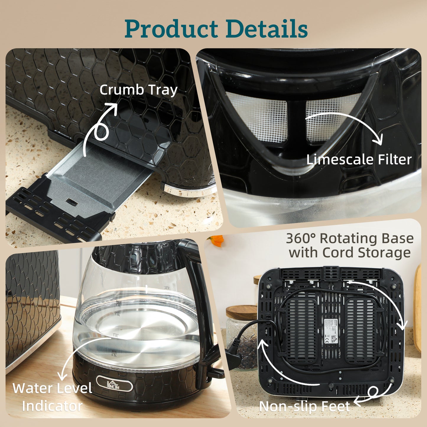 Kettle and Toaster Set, 1.7L 3000W Rapid Kettle with Strix Thermostat, 4 Slice Toaster with 7 Browning Controls, Black