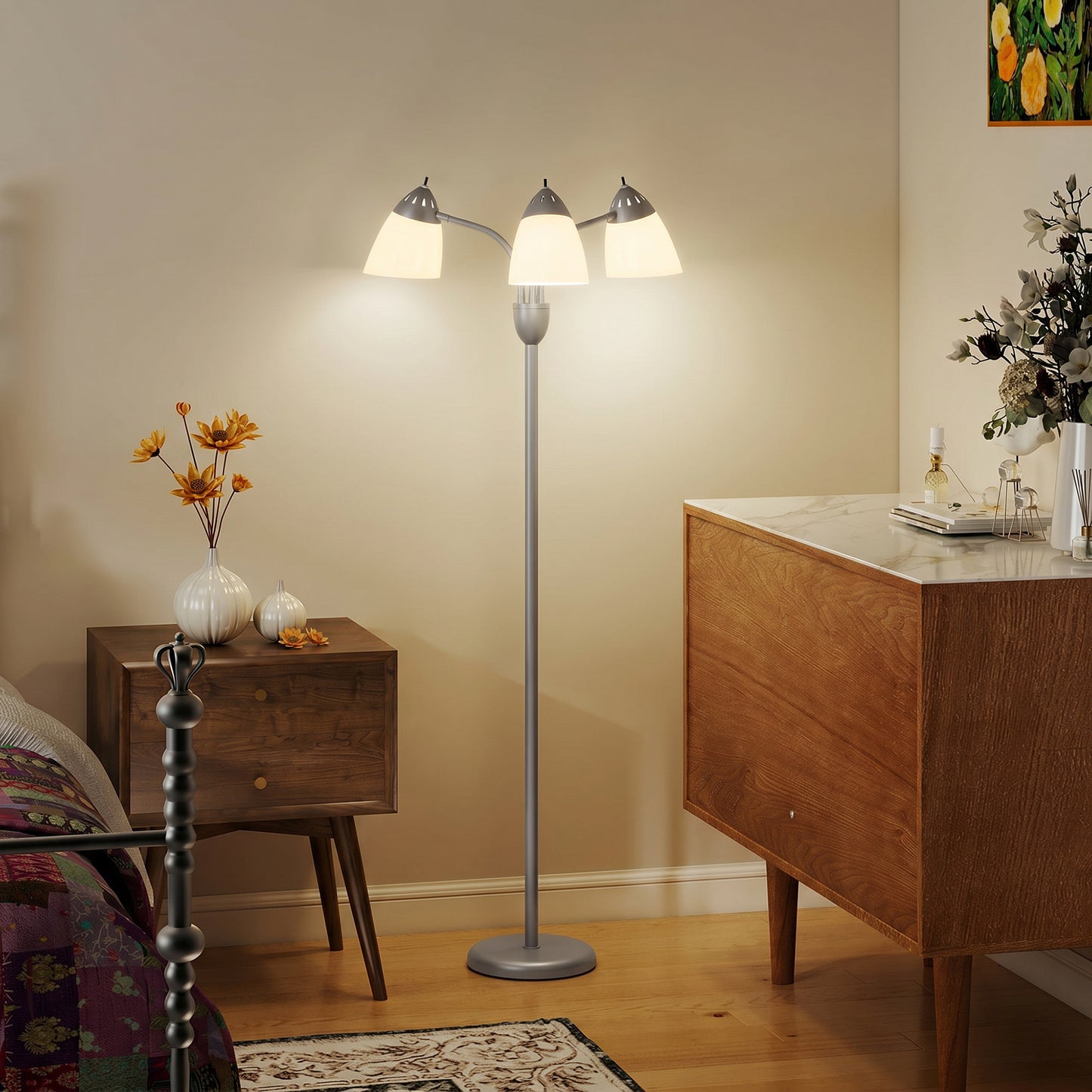 Arc Tree Floor Lamp with 3 Adjustable Rotating Lights, Industrial Standing Lamp with Steel Frame, Silver Tone
