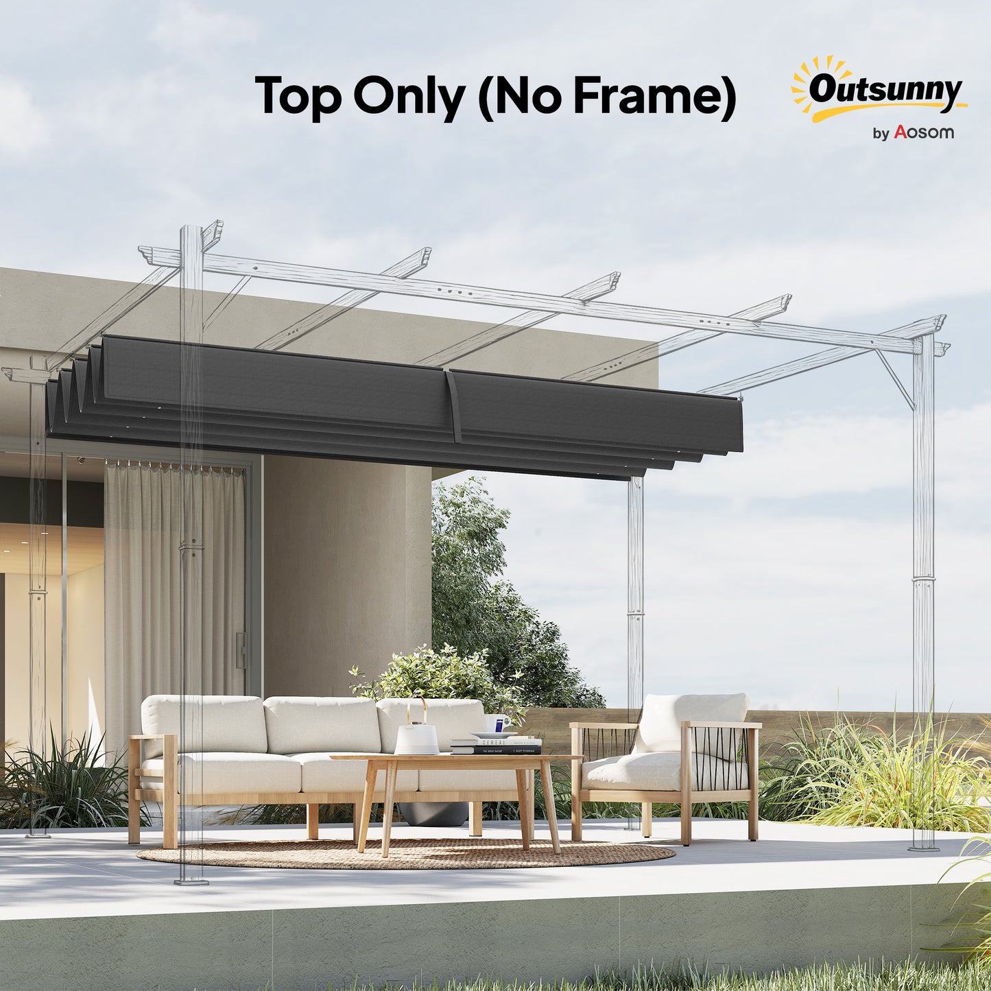 Pergola Cover Roof, 2.86 x 2.45 m Retractable Sun Shade Top for 3 x 2m Pergola Frame, UV30+ Protected, Dark Grey