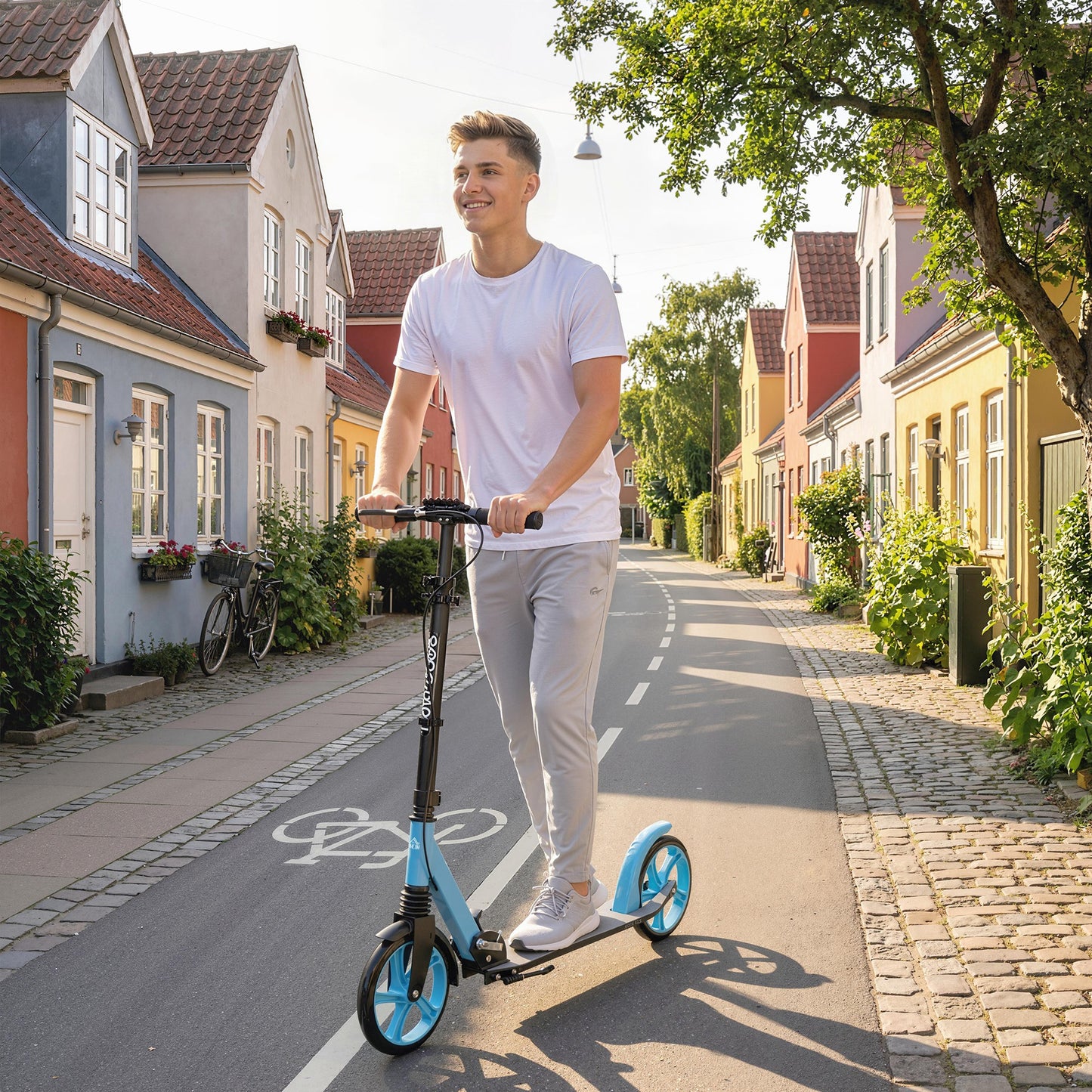 One-click Folding Kick Scooter for 14+ w/ Adjustable Handlebar, Push Scooter with Kickstand, Dual Brake System, Blue