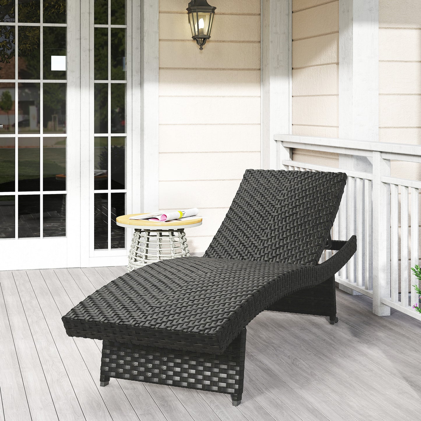 Outdoor PE Rattan Sun Lounger, Folding Wicker Garden Lounger Recliner with 4-Level Adjustable Backrest