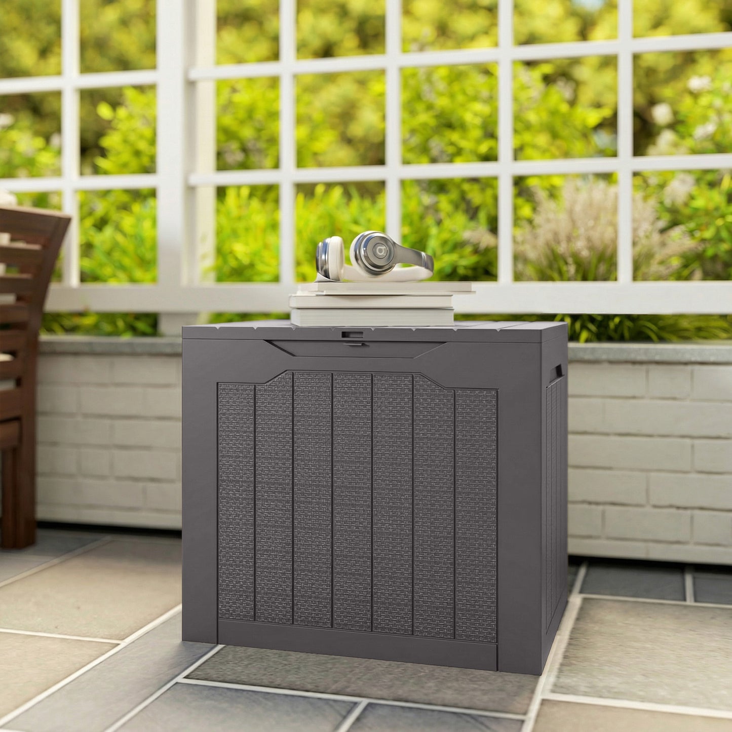 97L Plastic Garden Storage Box, Outdoor Storage Box with Handles, Waterproof Outdoor Storage Container, Brown