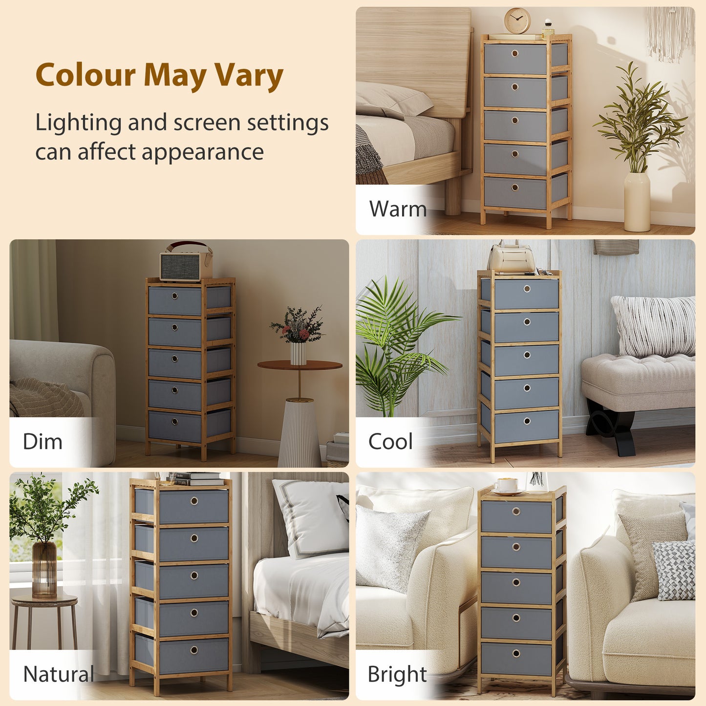 Chest of Drawers, 5 Fabric Drawers Narrow Dresser with Bamboo Frame, Light Grey