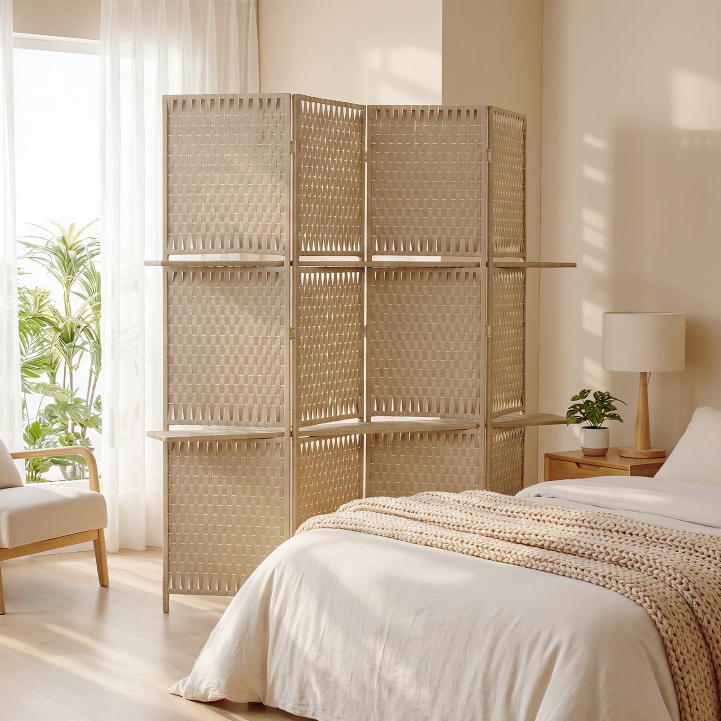 Wave Fibre Freestanding Folding Privacy Screen Panels, Room Divider, Natural Wood Finish