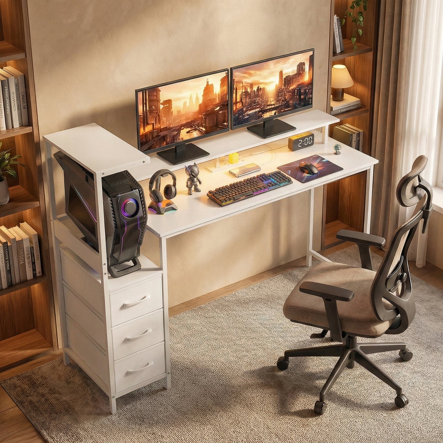 147cm Gaming Desk with Charging Station and Monitor Stand, Computer Table for Home Office with RGB Lights, White