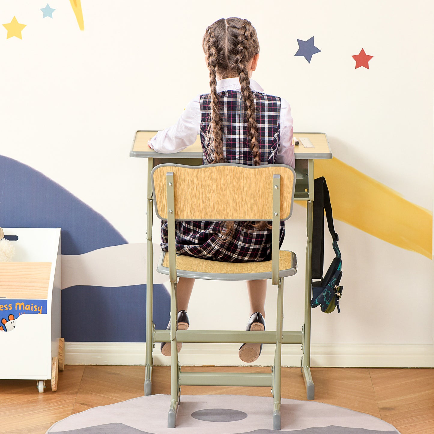 Height Adjustable Kids Desk and Chair Set with Storage Compartment, Bag Hook and Pen Holder, for 6-12 Years, Grey