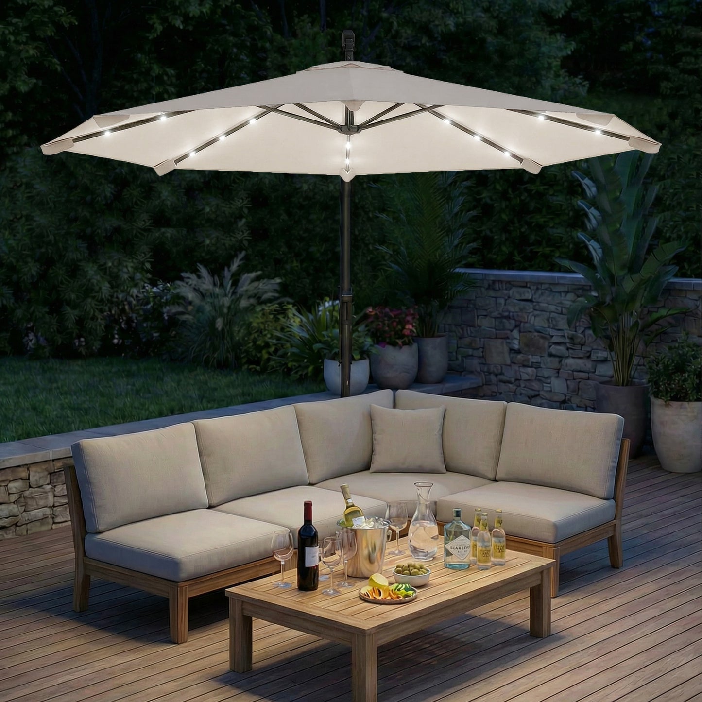 3 m Cantilever Parasol with Solar LED Lights Garden Umbrella with Cross Base, Cream White