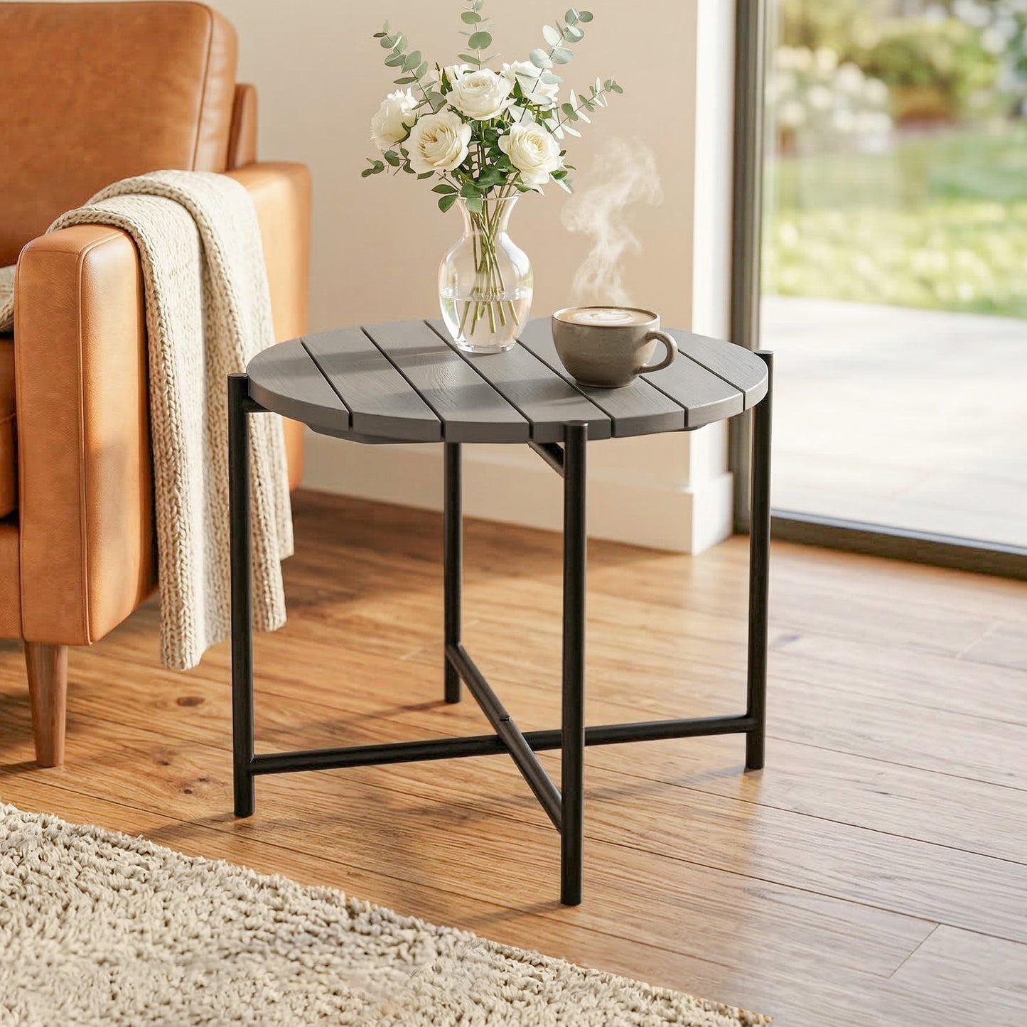 54 cm Round Outdoor Side Table, Industrial Small Garden Table with Slatted Wood Top and Metal Frame, Dark Grey