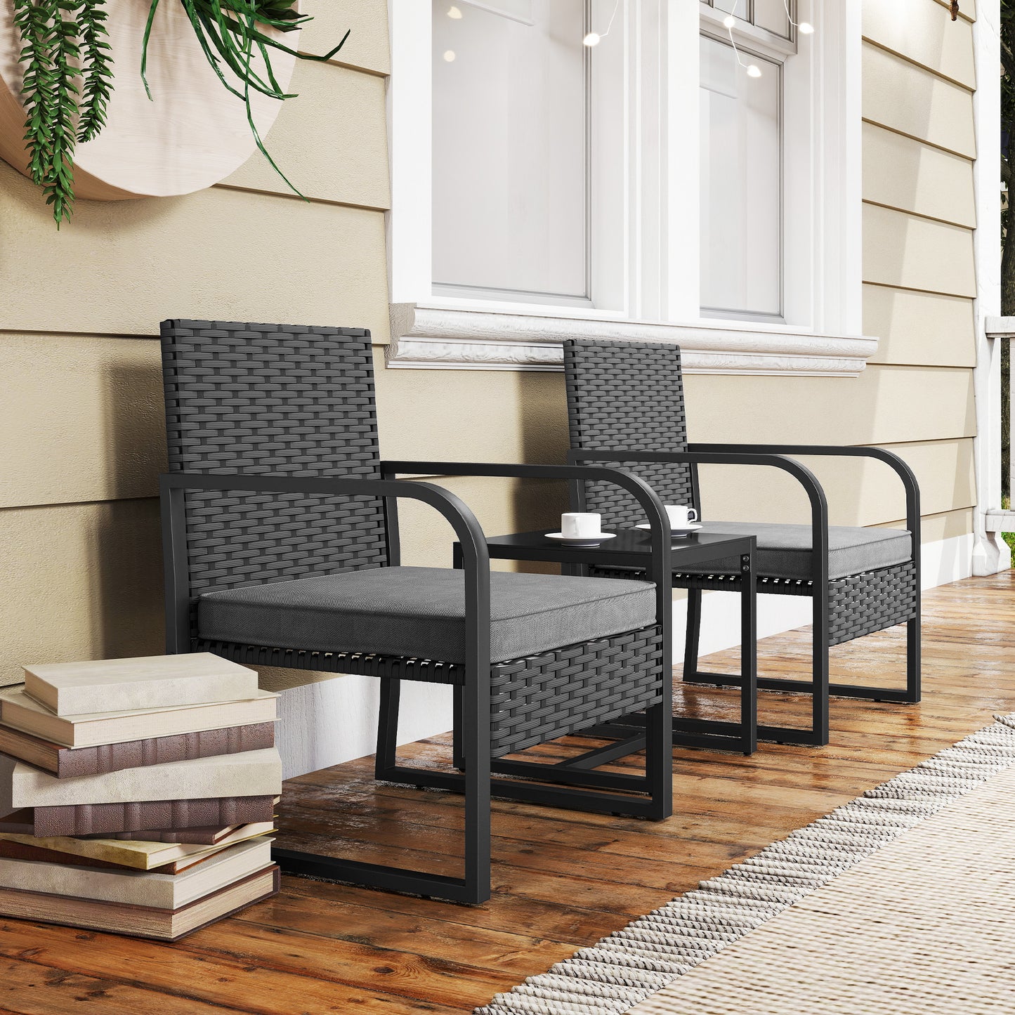 Rattan Bistro Set, 3 Piece Garden Furniture Set with Cushions and Glass Top Table, Black