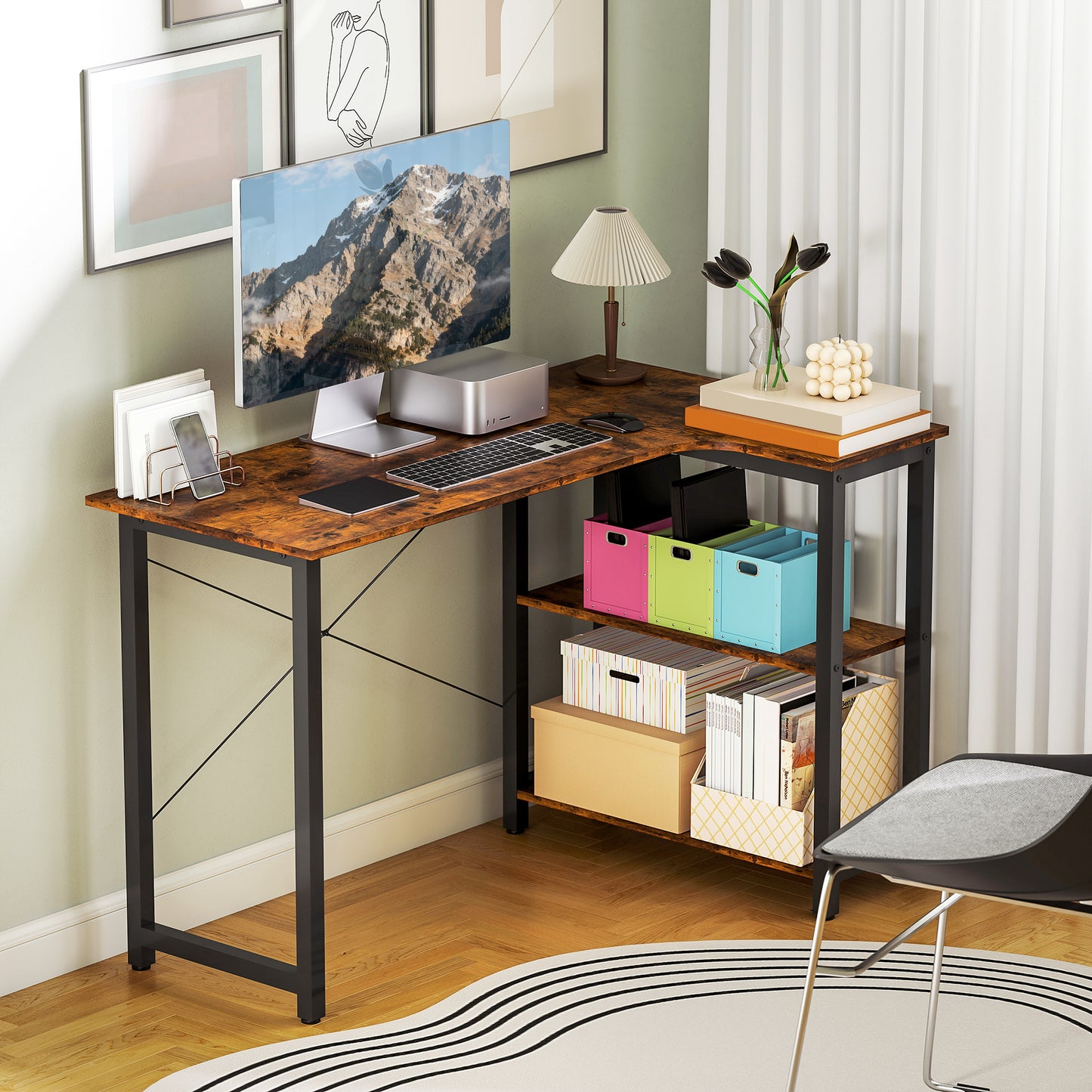 L Shaped Desk, Corner Computer Desk with Bookshelf for Home Office, Study Room, Workstation, 120 x 73.2 x 75cm, Rustic Brown