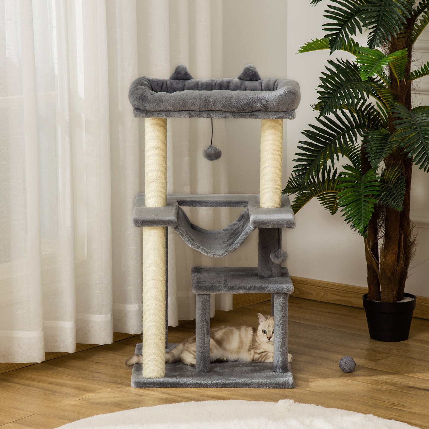 Cat Tree, 90cm Cat Tower with Sisal Scratching Posts, Cat Condo, Hammock, Top Perch and 2 Hanging Toys for Cats, Grey