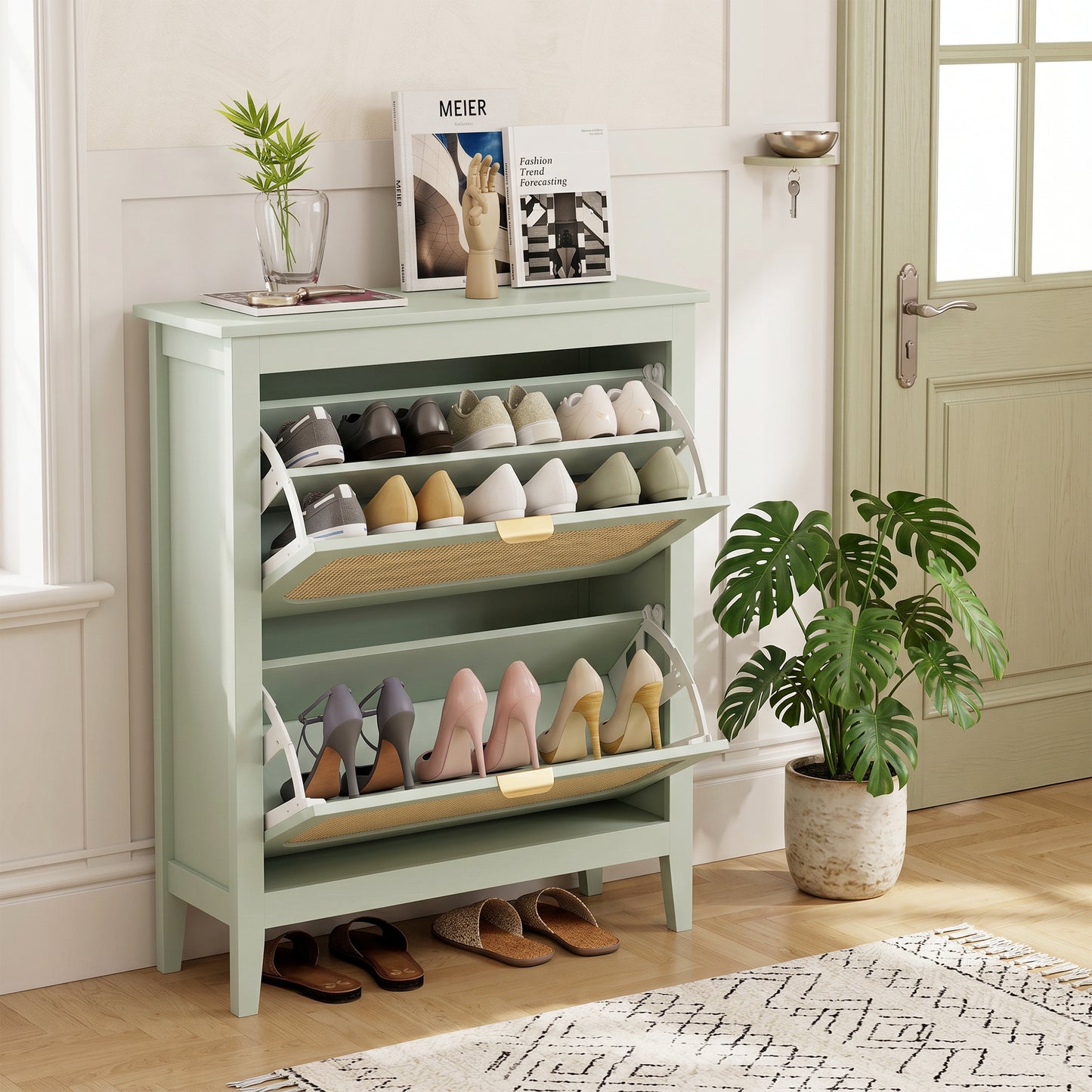 Narrow Shoe Cabinet, Boho Slim Shoe Storage Cabinet with 2 Flip Drawers, Holds 14 Pairs, Light Green