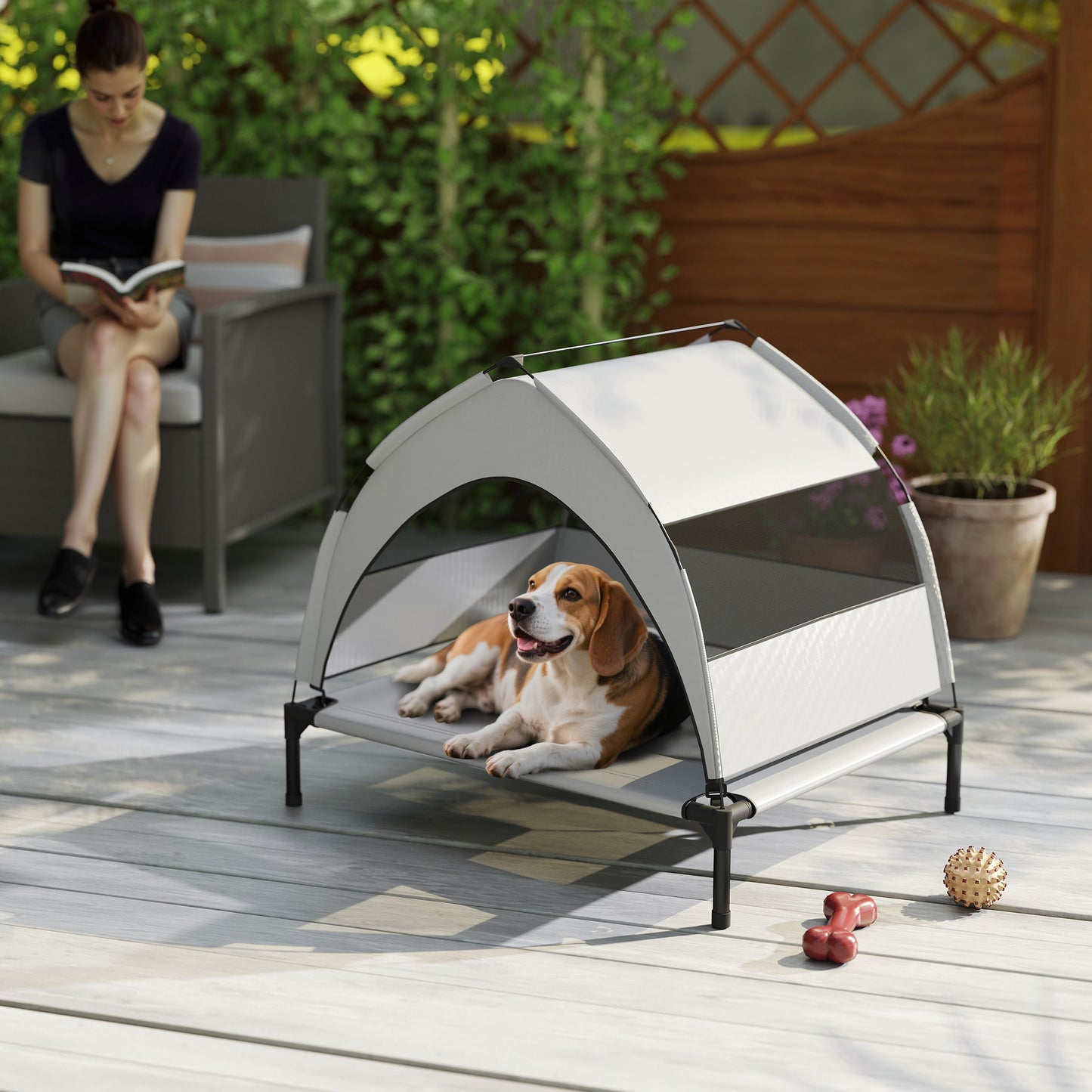 Portable Elevated Dog Bed with Removable Canopy, Cooling Raised Pet Cot for Small Medium Dogs, 76 x 61 x 70 cm