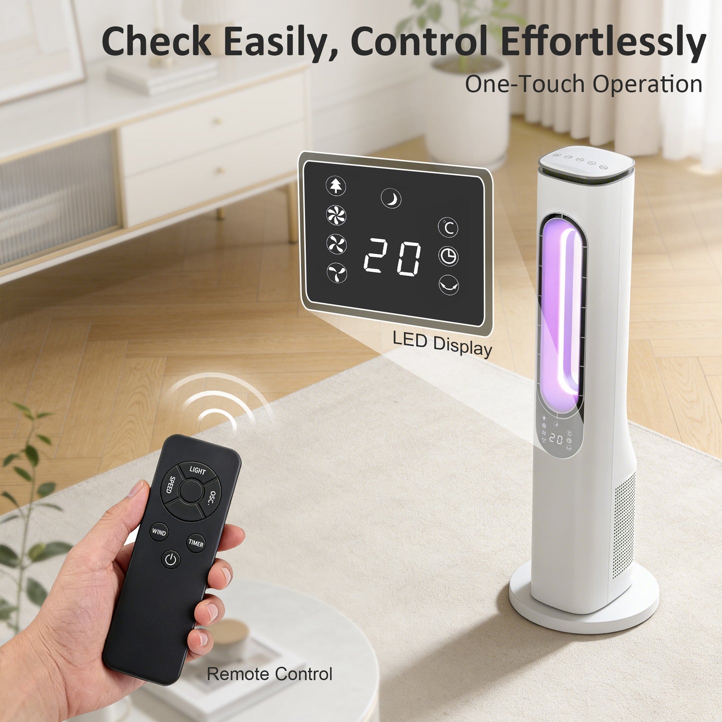 Bladeless Tower Fan for Bedroom, 35dB Standing Cooling Fan with Oscillating, LED Lights, 3 Speeds, 15H Timer, White