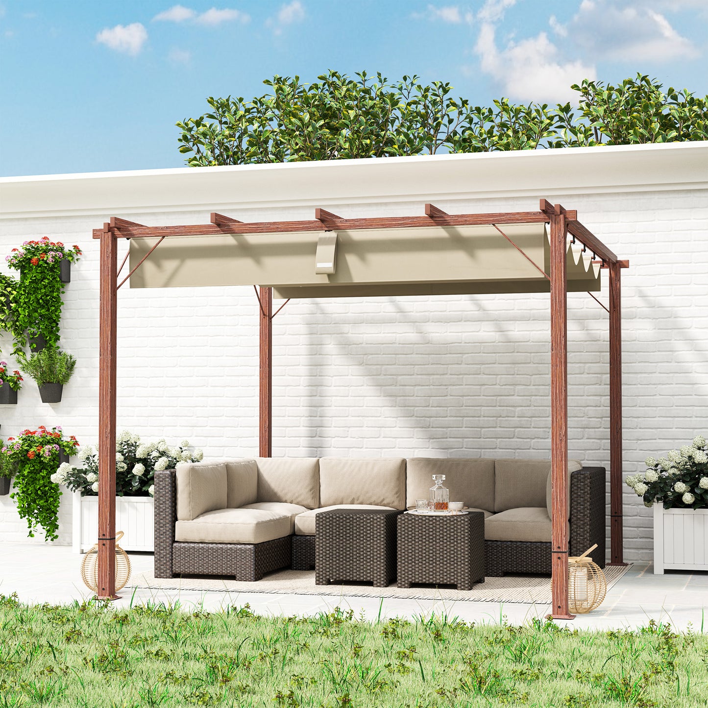 3 x 3 m Retractable Roof Pergola - Natural Wood Finish
