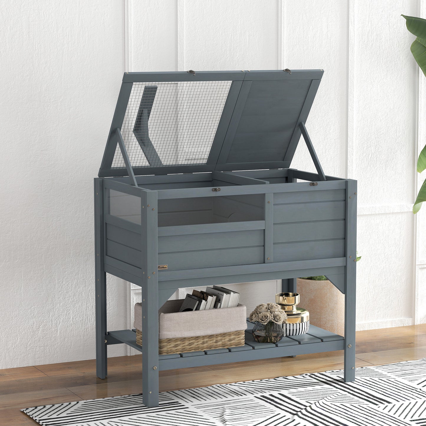 Wooden Tortoise House, with Shelter, Run, Shelf, Lamp Holder, Tray, Grey