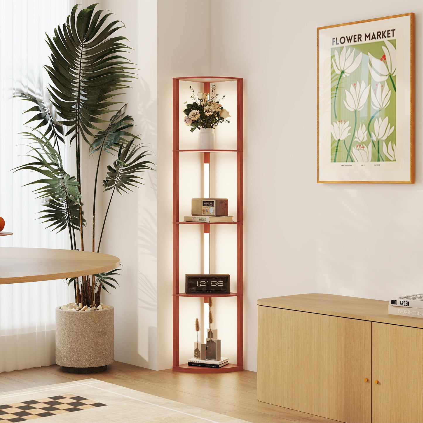 Corner Floor Lamp for Living Room Bedroom with Warm White LED Light, Modern Tall Standing Lamp, Brown