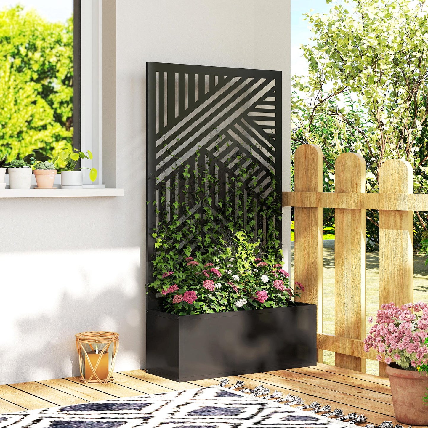 Metal Garden Bed for Garden with Trellis, Raised Garden Bed with Privacy Screen, Geometric Slatted Cut-Out
