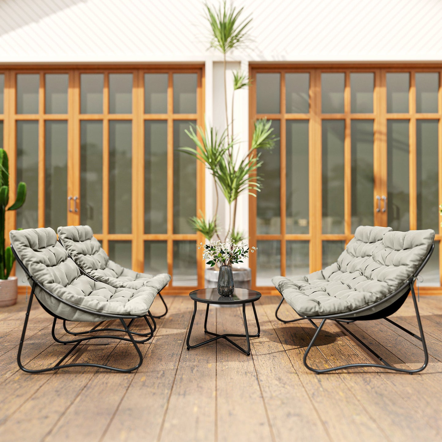 4 Seater Garden Furniture Set, Conversation Set with Loveseat Sofa, Chairs, Glass Coffee Table, Thick Cushions