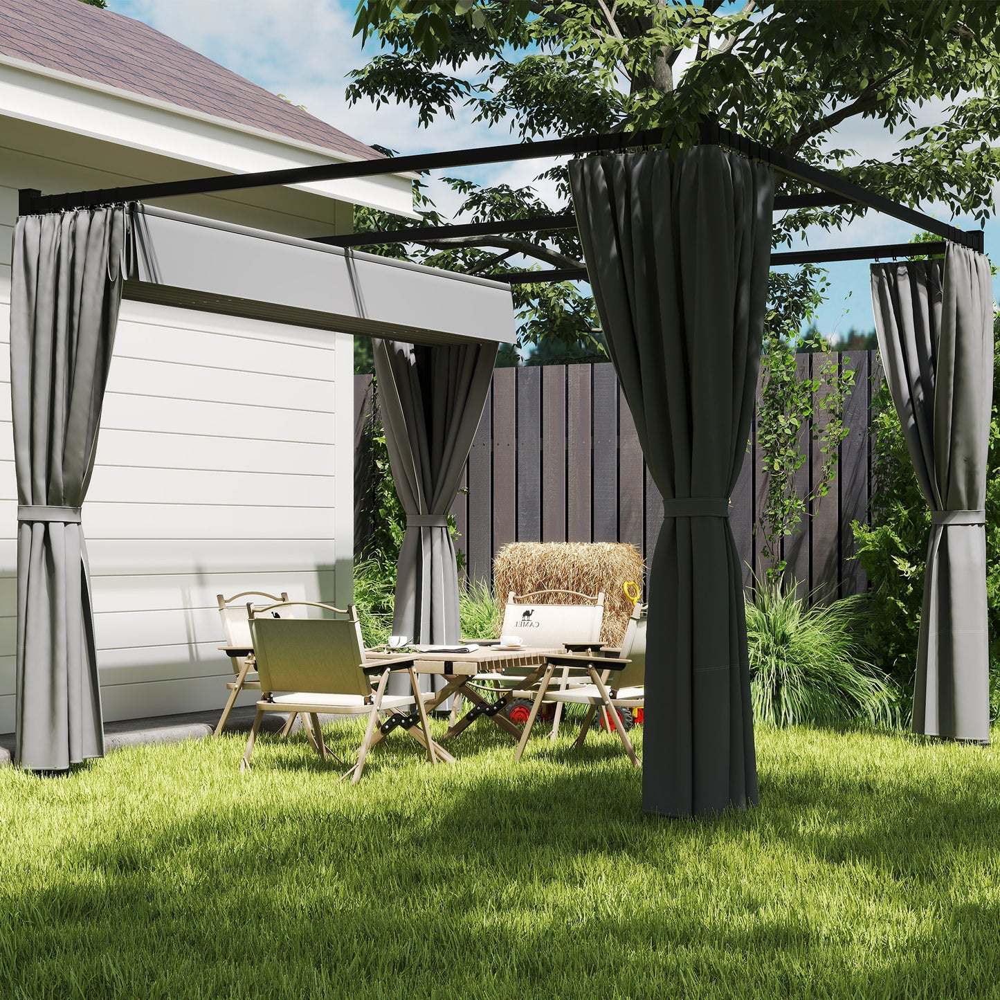 3 x 3m Moving Canopy Metal Pergola, with Curtains - Grey