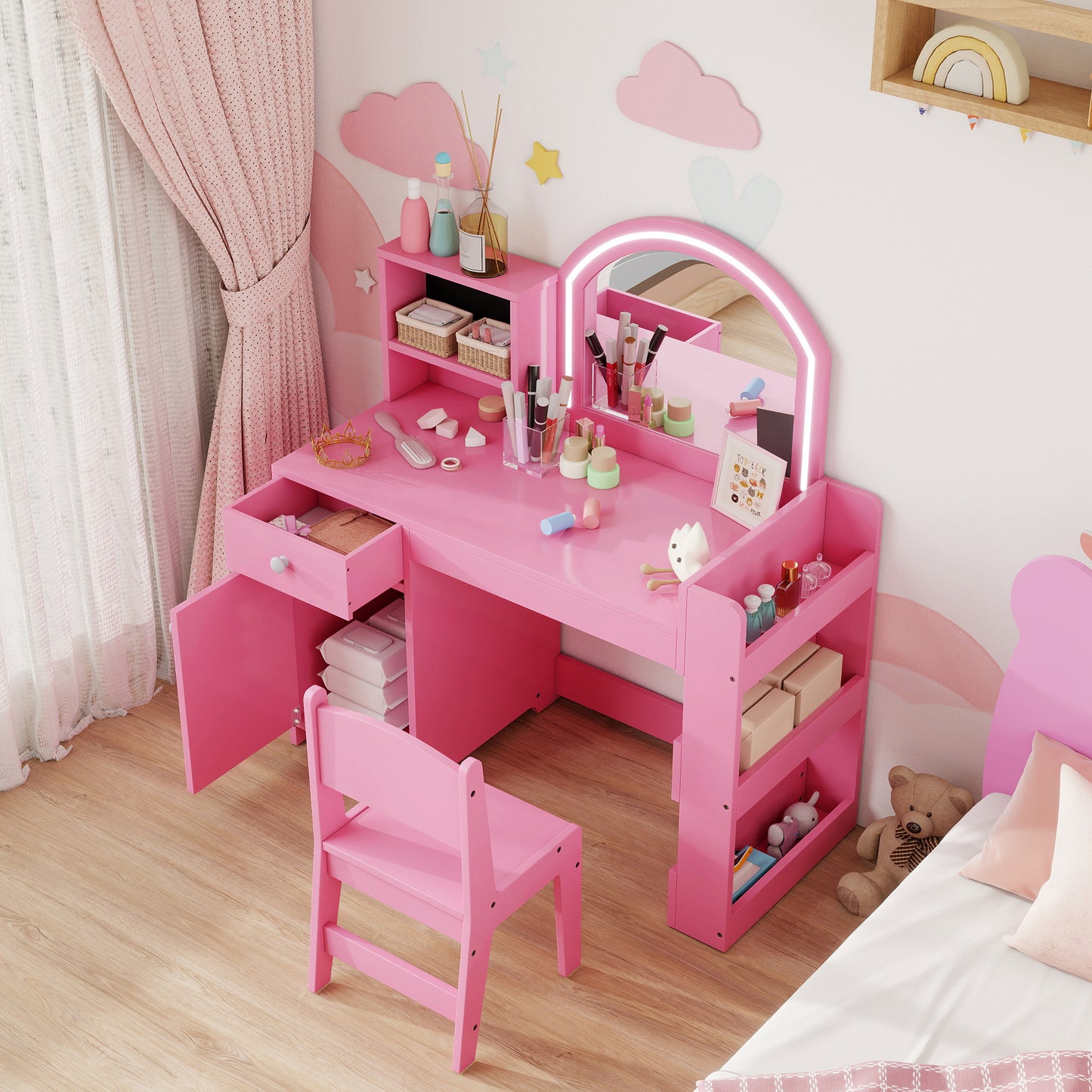 Kids Vanity Table and Chair Set, Girls Dressing Table with 2-Colour LED Mirror, Stool, Cabinet, Drawer, Shelves, Pink