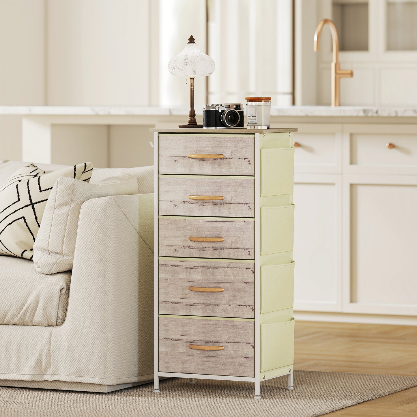 Chest of Five Fabric Drawers - Natural Wood Finish