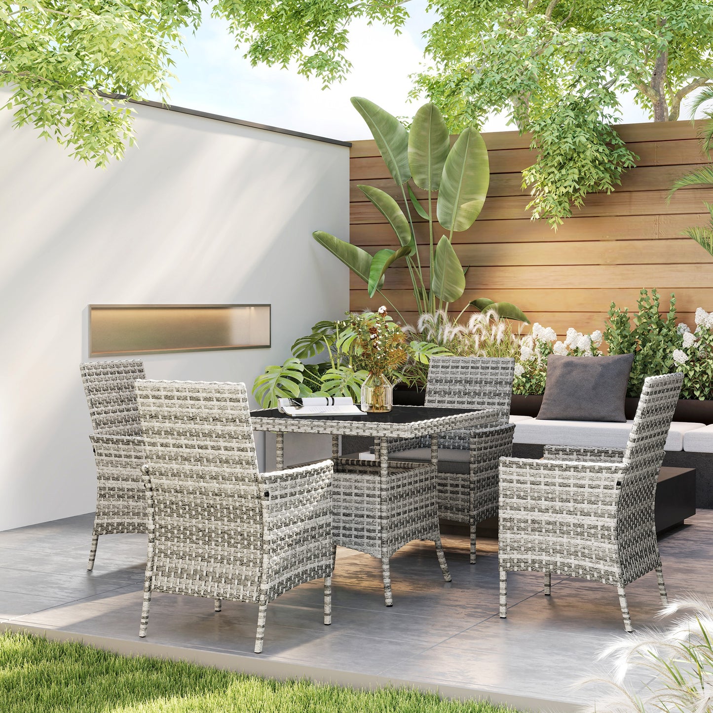 Rattan Garden Furniture Set, Outdoor Dining Table and Chairs 4 Seater with Cushions, Square Tempered Glass Top, 4 Armchairs