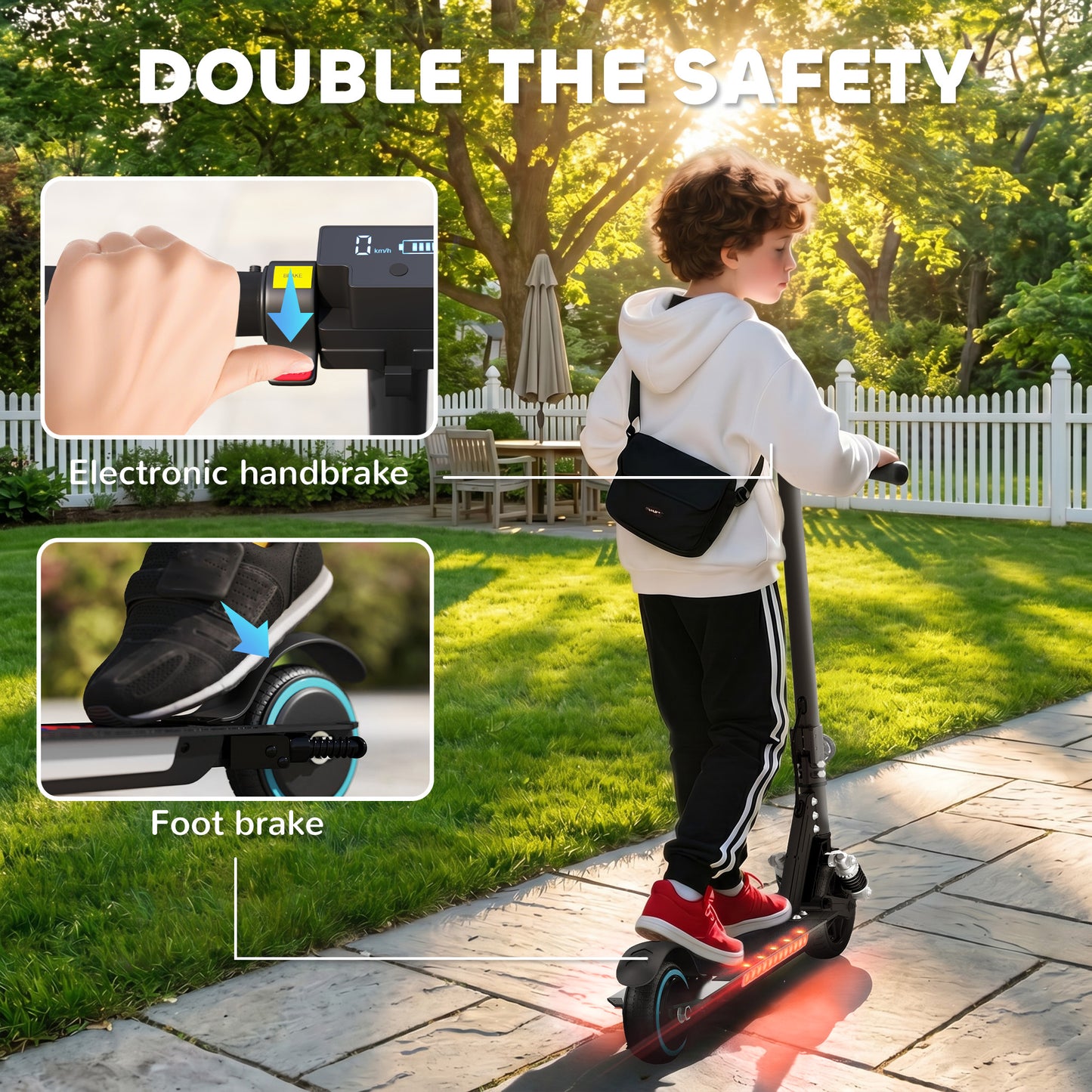 Folding Electric Scooter for Kids, with Dual Brakes, Front Suspension, LED Colourful Lights, Black