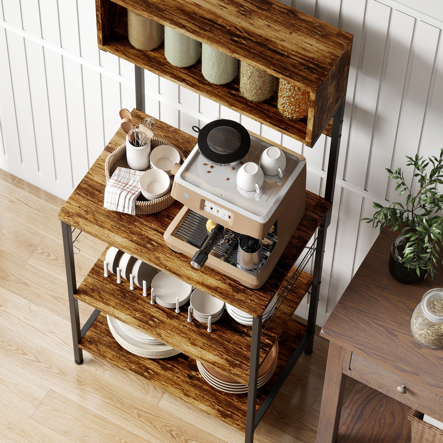 Kitchen Storage Rack, Bakers Rack with Power Outlet, USB Charger, Rustic Brown
