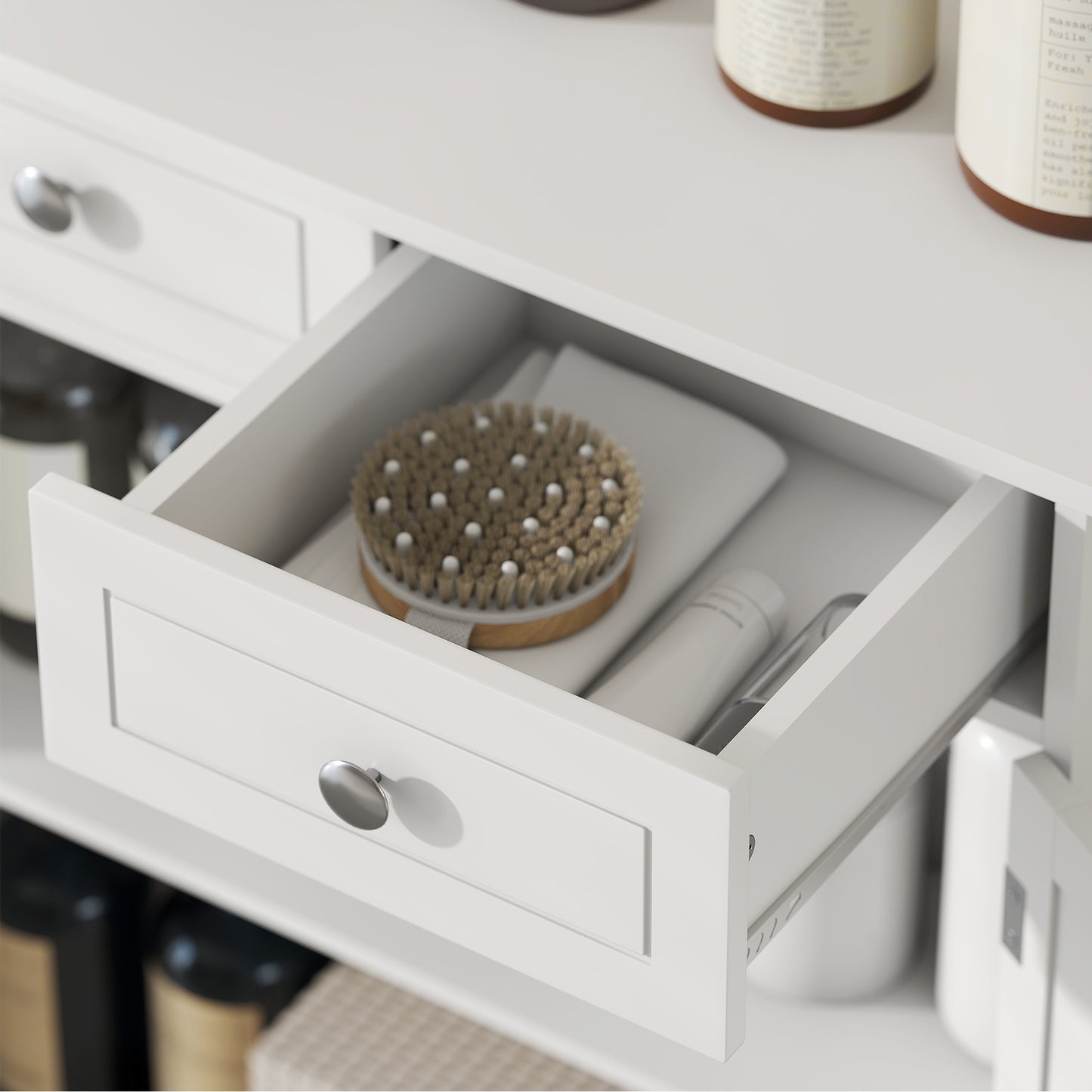75x60cm Freestanding Bathroom Storage Cabinet Unit w/ 2 Drawers Cupboard Adjustable Shelf Metal Handles Traditional Style Whi