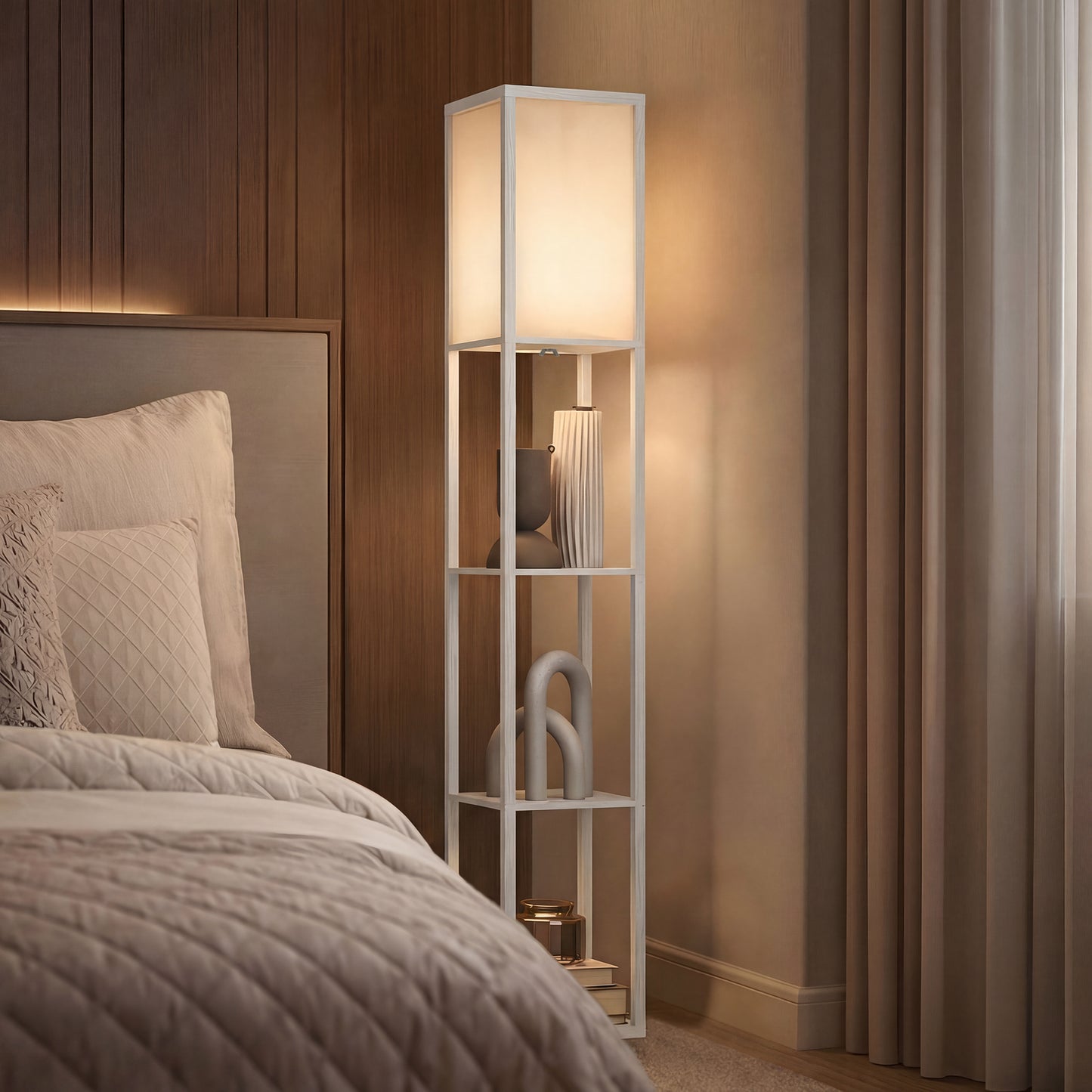 3-Tier Floor Lamp with Shelves and Storage, Modern Corner Standing Lamp with Lampshade, Foot Switch for Living Room, Bedroom