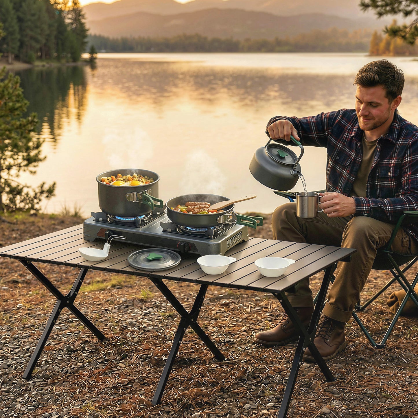 Camping Cookware Set for 4-5 People, Lightweight Aluminium Camping Cooking Kit with Anti-Scald Handles, Grey