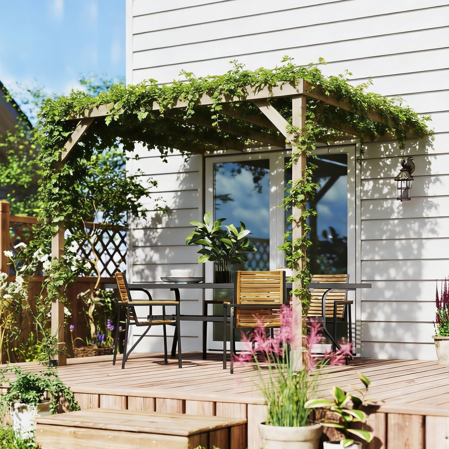 Lean-To Wooden Pergola Kit, Decorative Garden Gazebo with Stable Structure and Concrete Anchors, 2.4 x 2.4m, Light Brown