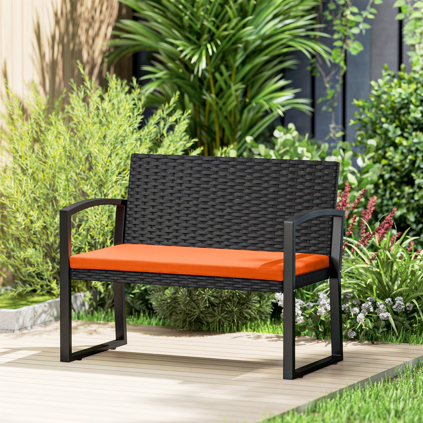 Two-Seater Rattan Garden Bench - Orange