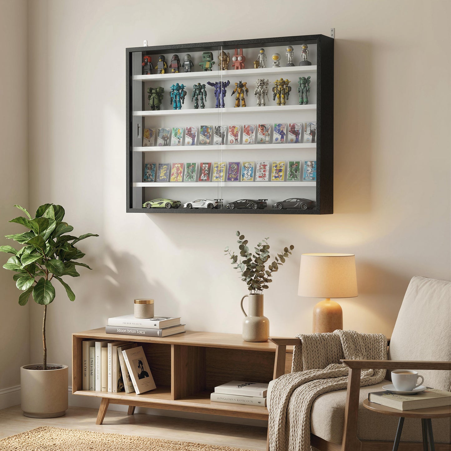 5-Tier Wall Display Cabinet, Wall Mounted Display Case w/ 4 Adjustable Shelves, Glass Doors, 60x80cm, Black and White