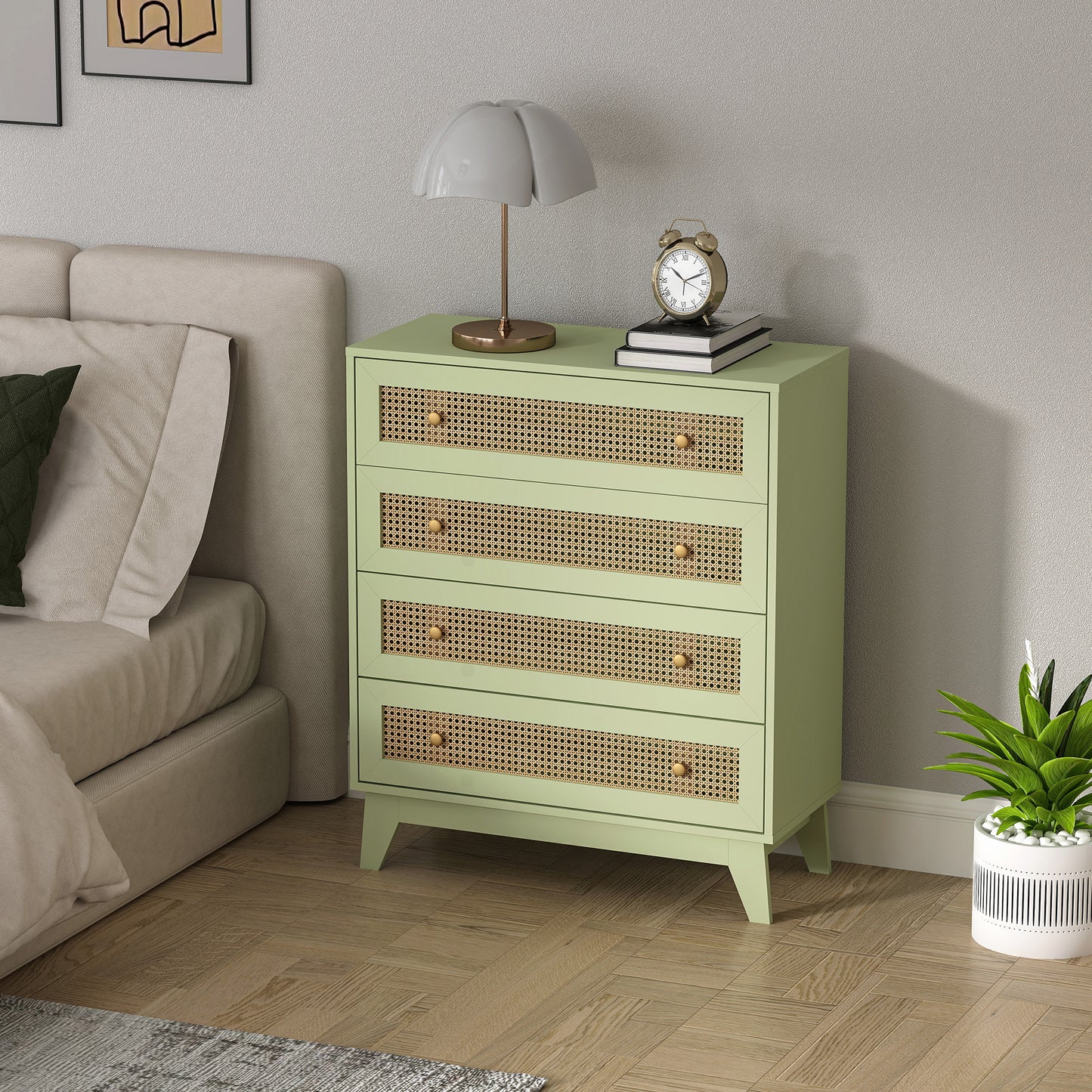 Rattan Chest of Drawers, 4 Drawer Storage Unit with Tapered Legs, Bedroom Storage Organiser Dresser for Bedside, Entryway