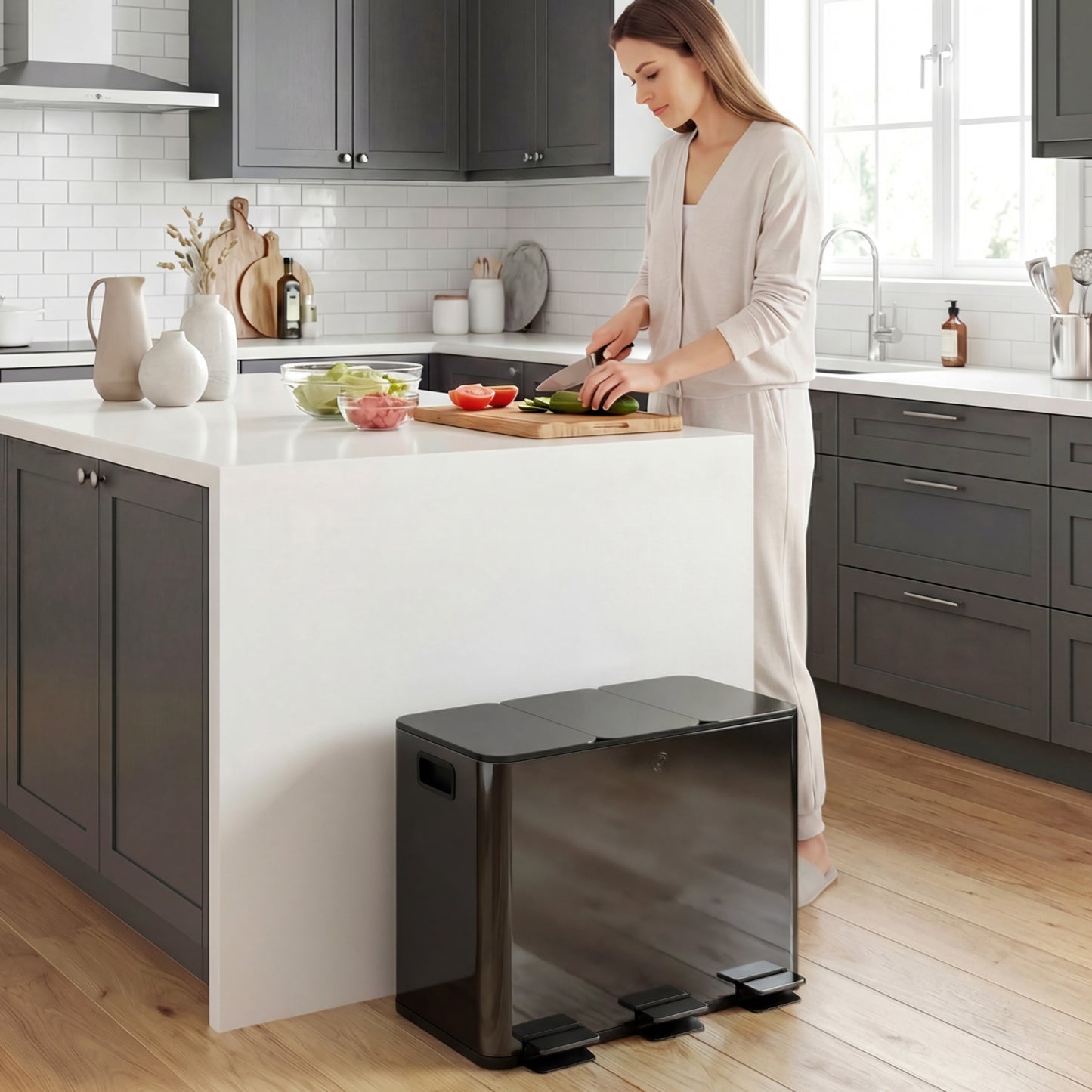 3 x 15L Pedal Bin, Steel Triple Kitchen Bin with Soft Close Lid, Removable Inner Buckets, Fingerprint-Proof, Black